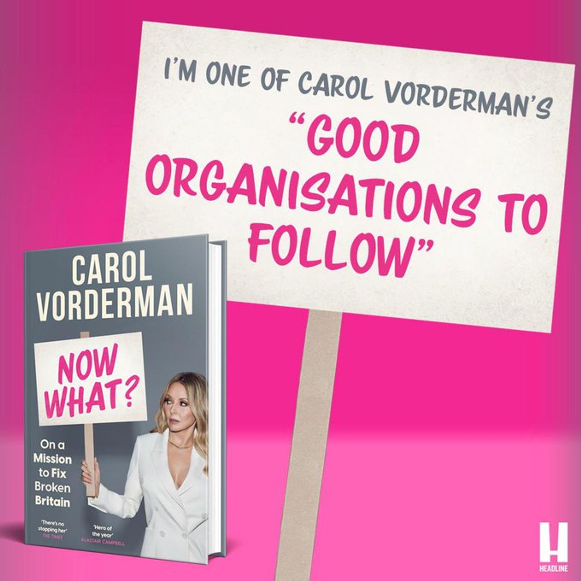 A picture of Carol Vorderman's book: "Now what?" With sign saying "I'm one of Carol Vorderman's 'Good organisations to follow'"