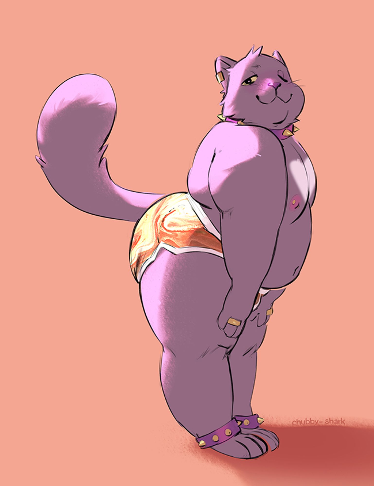 a cat furry in underpants. he's sticking out his round bum, very proudly of his short, thick figure. he's got a smile on his face and a twinkle in his eyes