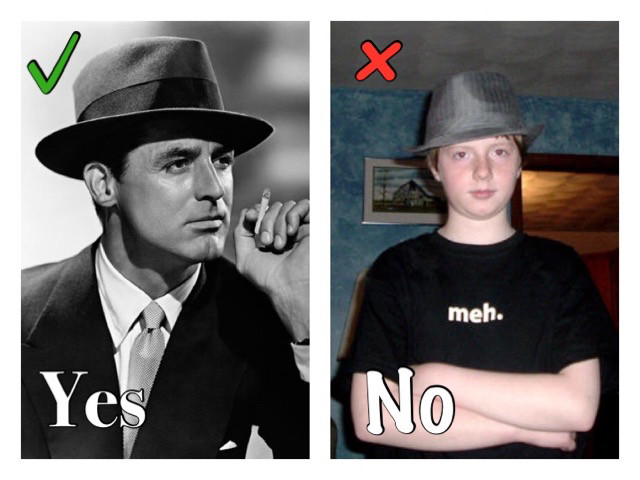 Cary Grant looks sharp.  
Kid in a "meh." T-shirt, not so much