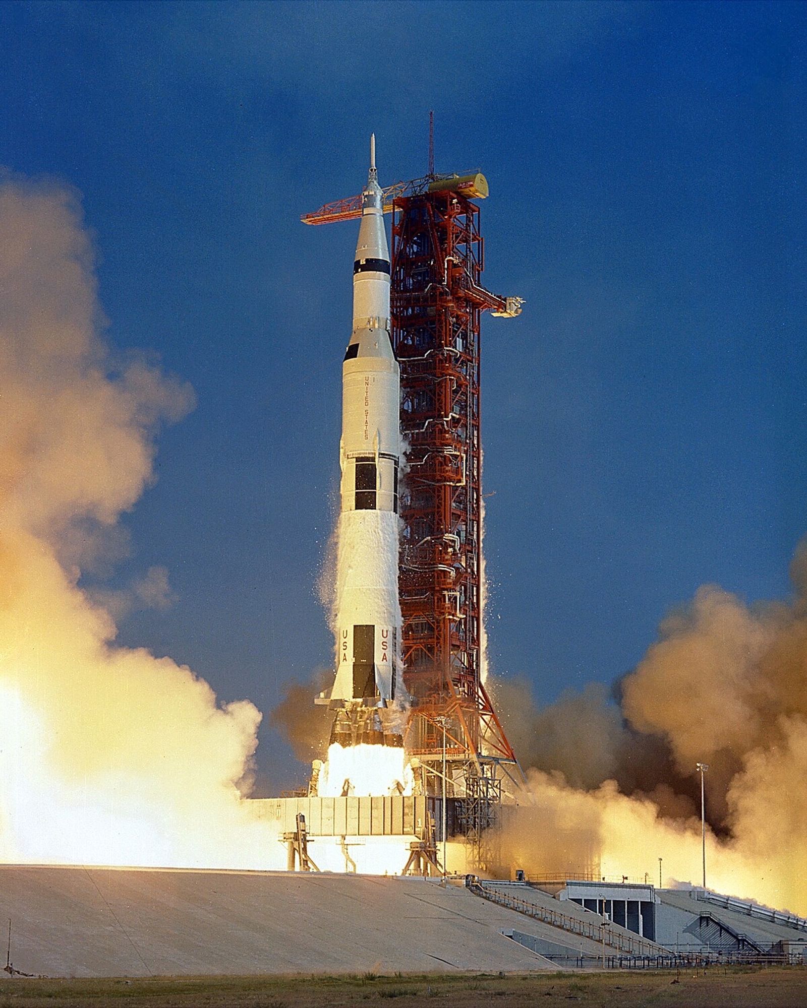 Launch of the Saturn V rocket carrying Apollo 11 to the Moon.  Rocket resembles the Up Goer Five from earlier in the thread