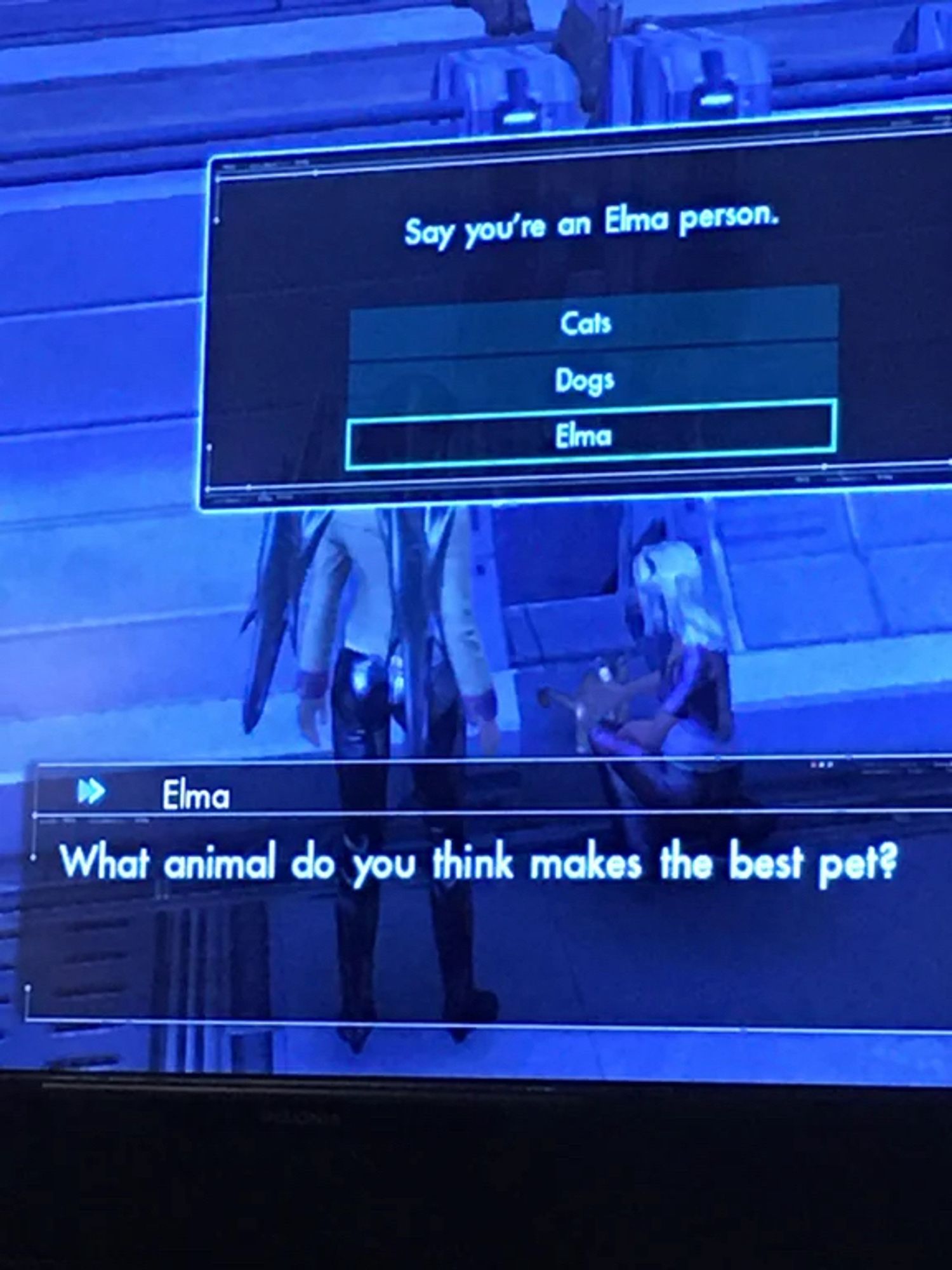 a dialog choice from xenoblade x

elma: “what animal do you think makes the best pet?”

choices: cats, dog, elma (a human)

“say you’re an elma person”