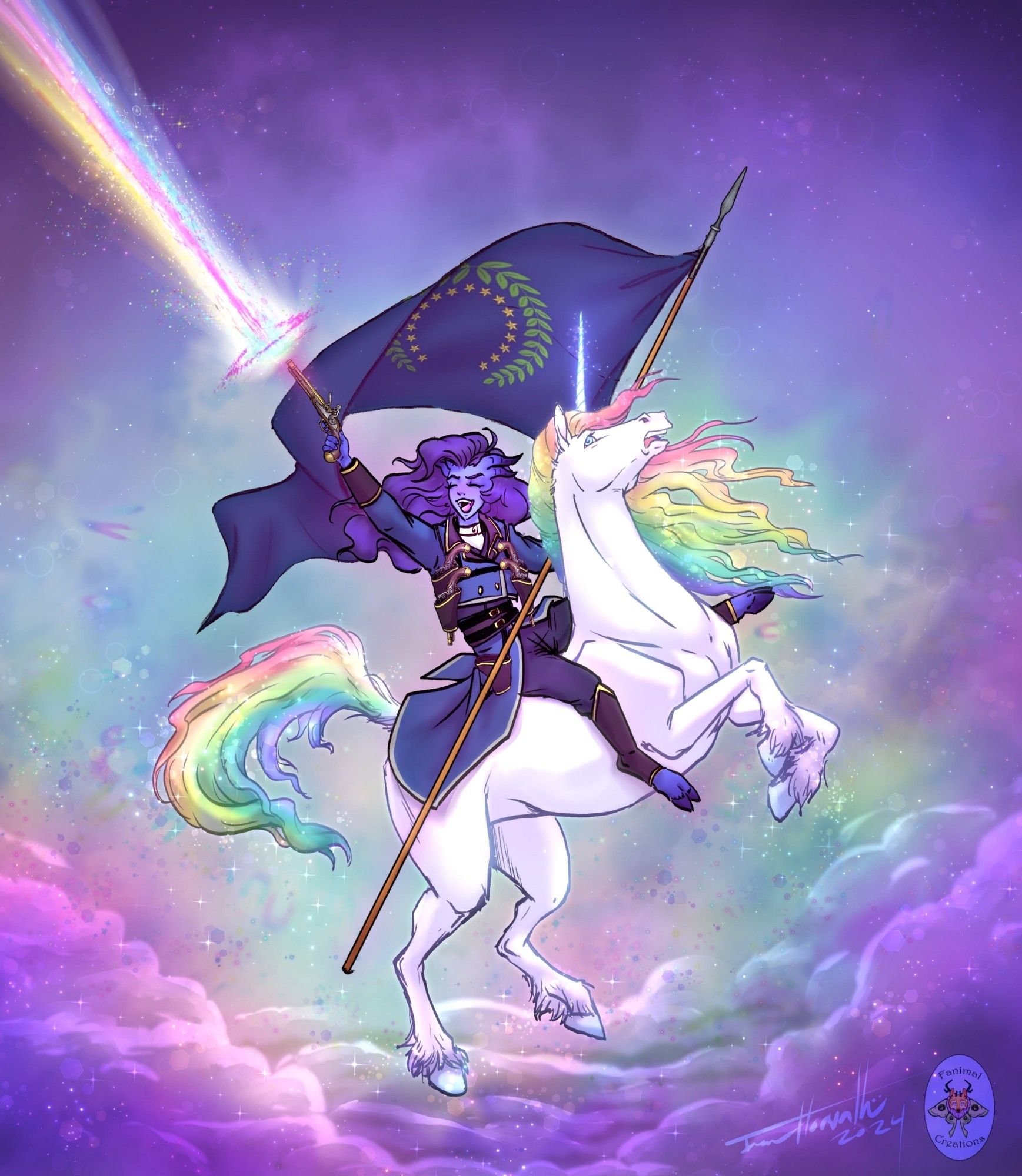 A very excited blue tiefling holding a flag and shooting rainbows from a pistol is riding a very surprised rainbow unicorn