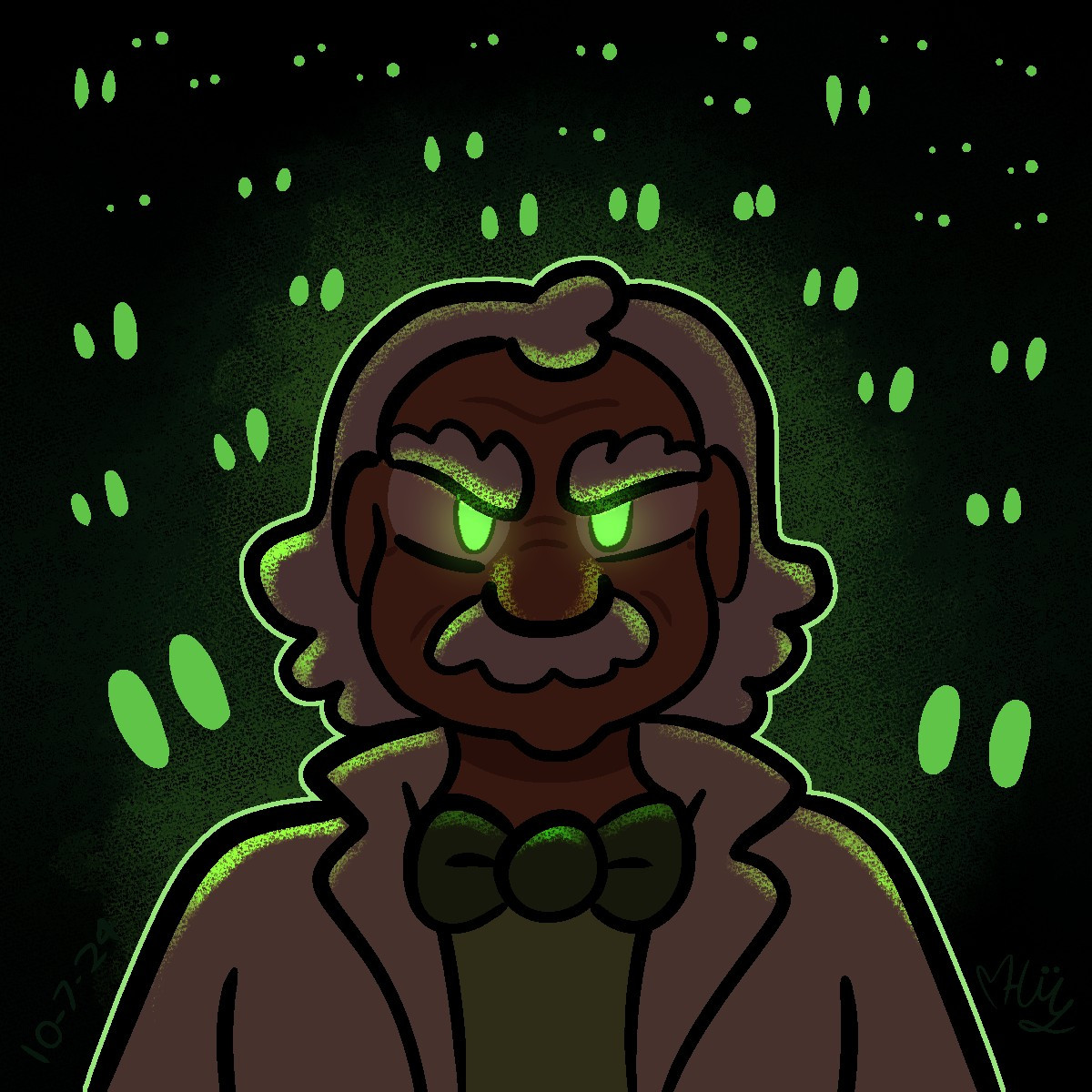 Dr Coomer stands in the darkness with an angry expressions. His eyes glow green, as do the many set of eyes in the background.