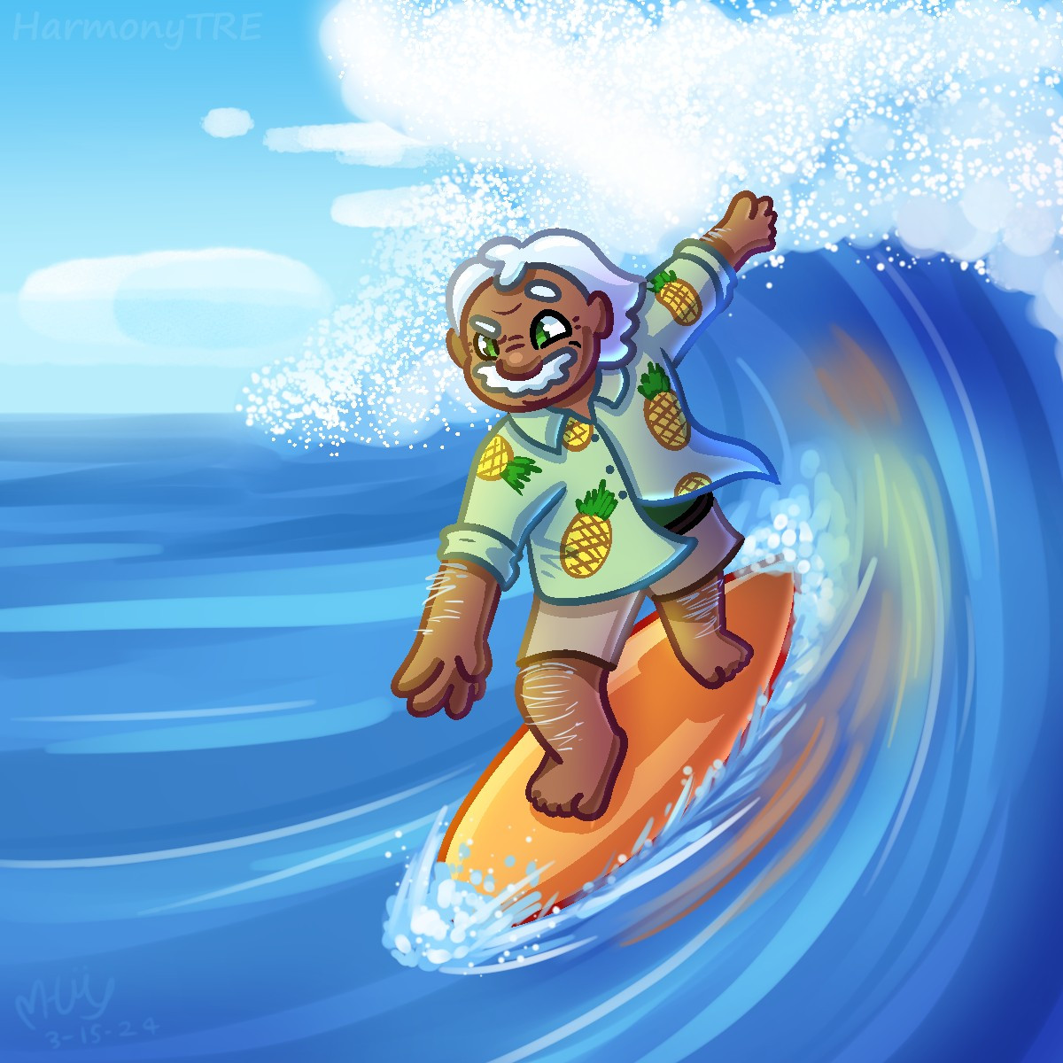 A painting of Dr. Coomer surfing on a wave. The surfboard is orange and he wears a collared green shirt covered in pineapples.