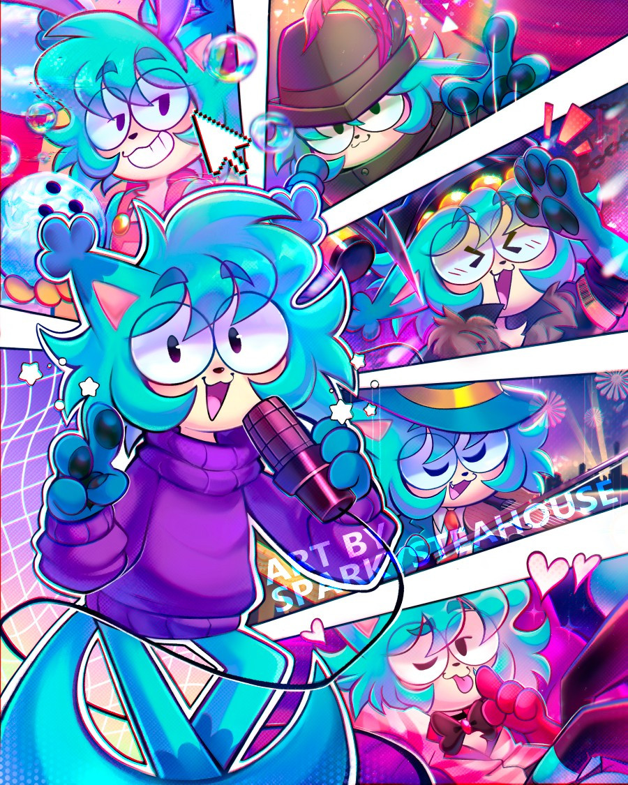 An illustration by user SparkysTeaHouse containing Michael Kovach's fursona, Kovy Cat, holding a microphone. Behind them are additional illustrations of Kovy Cat in cosplay as different characters that are voiced by Michael Kovach, including Jax from "The Amazing Digital Circus", Fantoccio from "Billie Bust Up!", Serial Designation N from "Murder Drones", Rocky Rickaby from "Lackadaisy" and Angel Dust from "Hazbin Hotel (PILOT)".