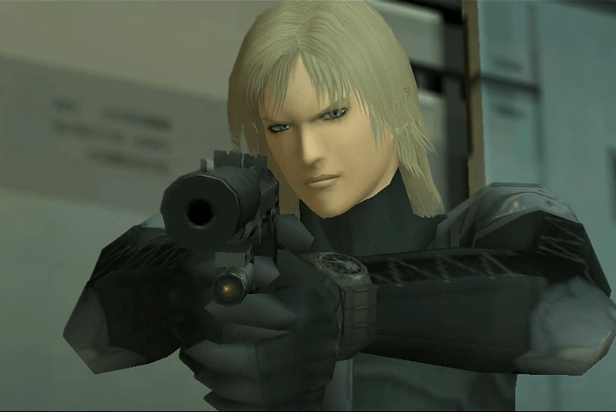 Raiden from Metal Gear Solid Solid 2 pointing a gun at the camera during a cutscene 