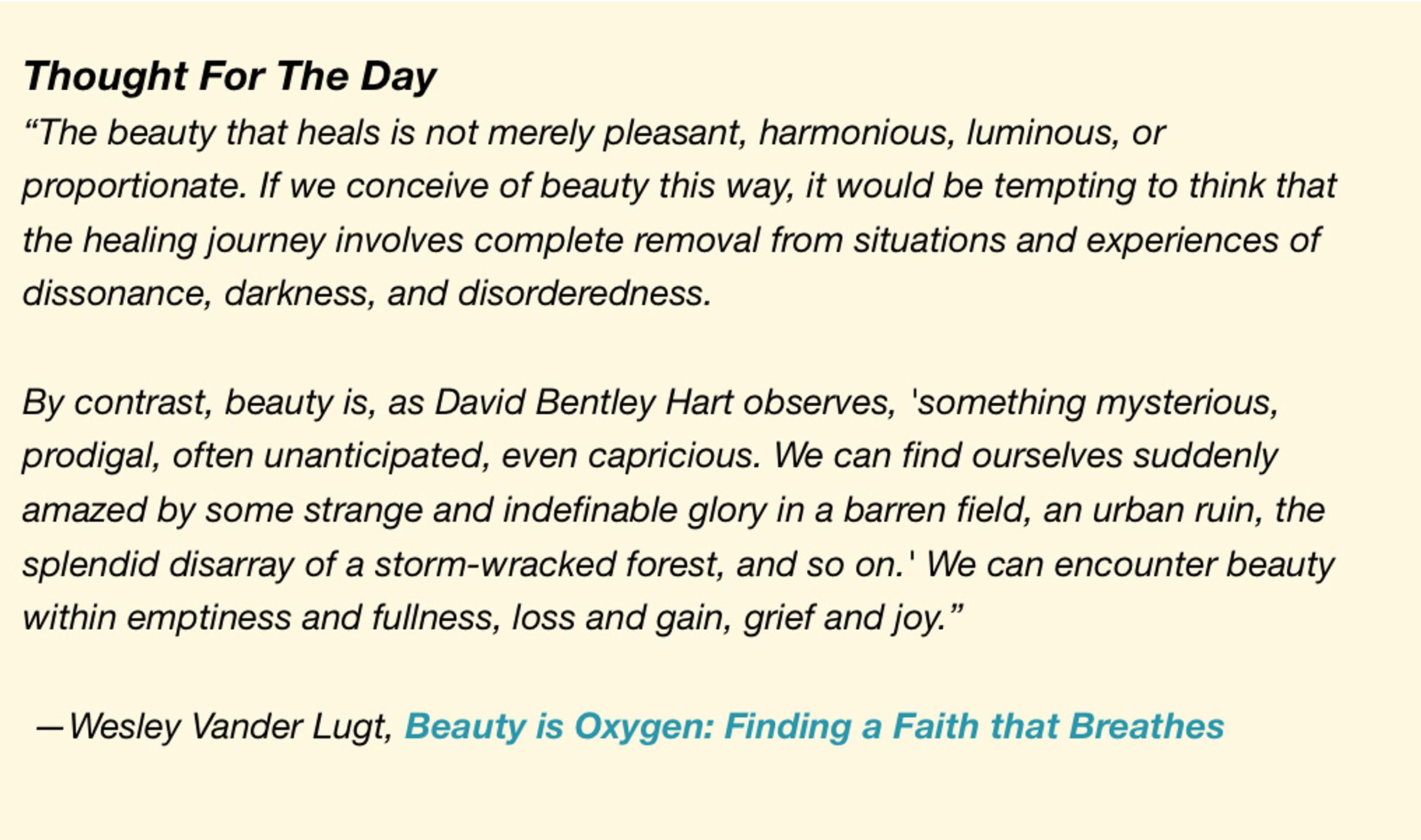 A quotation about beauty that says it can be found in “emptiness and fullness, loss and gain, grief and joy”.