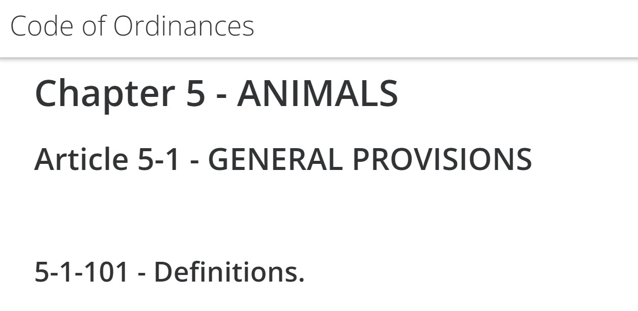 a photo of the city ordinance on municode, focused on the headers, Chapter 5, Animals. Article 5-1 - General Provisions.