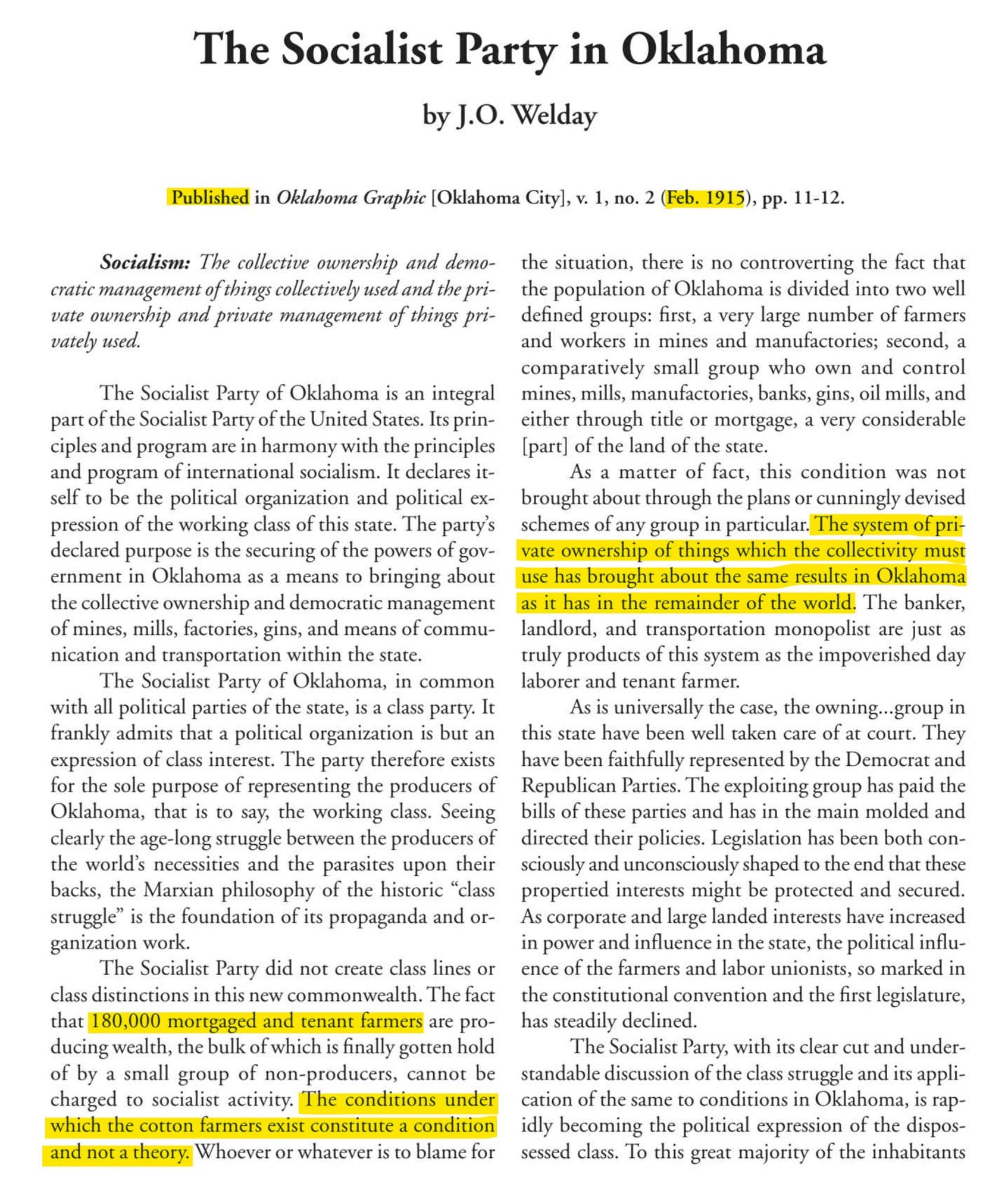 an digitized pdf archive screenshot showing an article titled "The Socialist Party of Oklahoma", originally published in February 1915. Highlighted in the text is that, at the time, an statement that there were 180,000 mortgaged and tenant farmers at the time. A sentence after that reading "The conditions under which the cotton farmers exist constitution a condition and not a theory." Another sentence is highlighted later in the article. "The system of private ownership of things which the collectivity must use has brought about the same results in Oklahoma as it has in the remainder of the world."