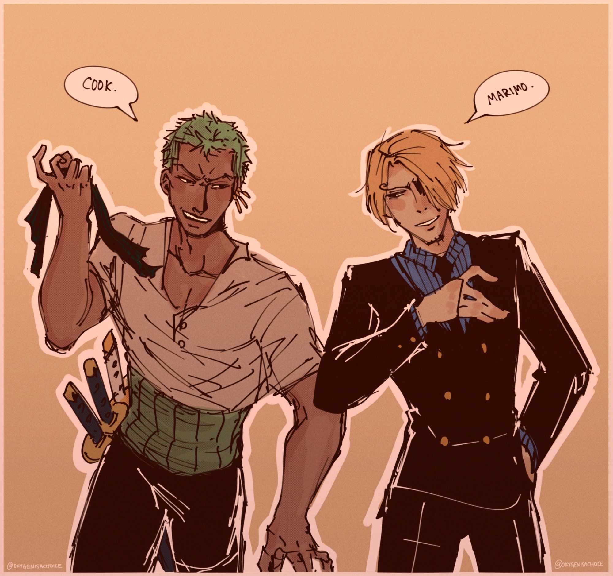 Digital drawing of Zoro and Sanji from one piece. They are aggressively smiling at each other. Zoro is saying, “cook,” with his bandana in his hand and Sanji is replying with, “marimo”