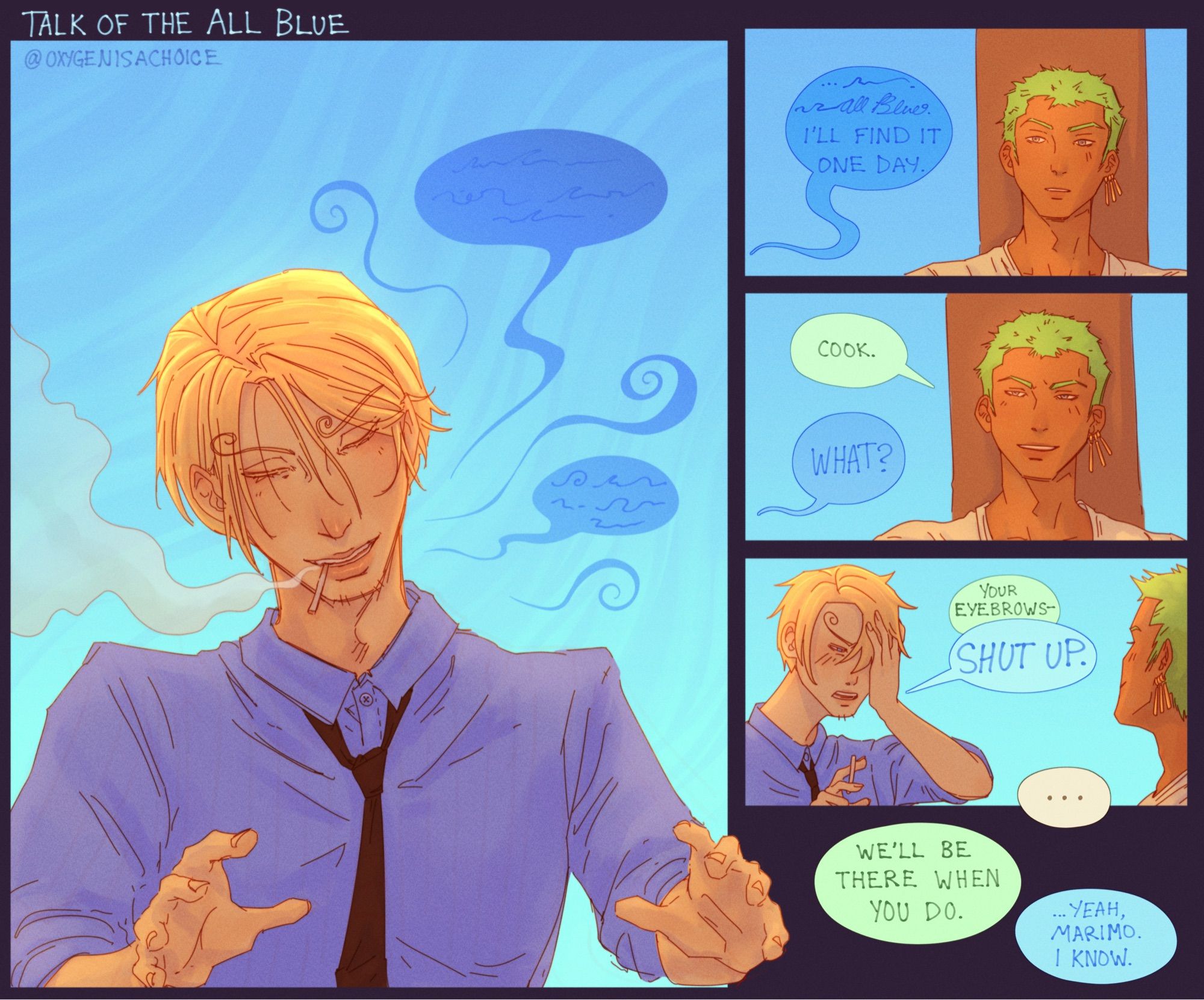 A comic where Sanji is talking to Zoro about the all blue. The colors are very saturated and the words are hand lettered