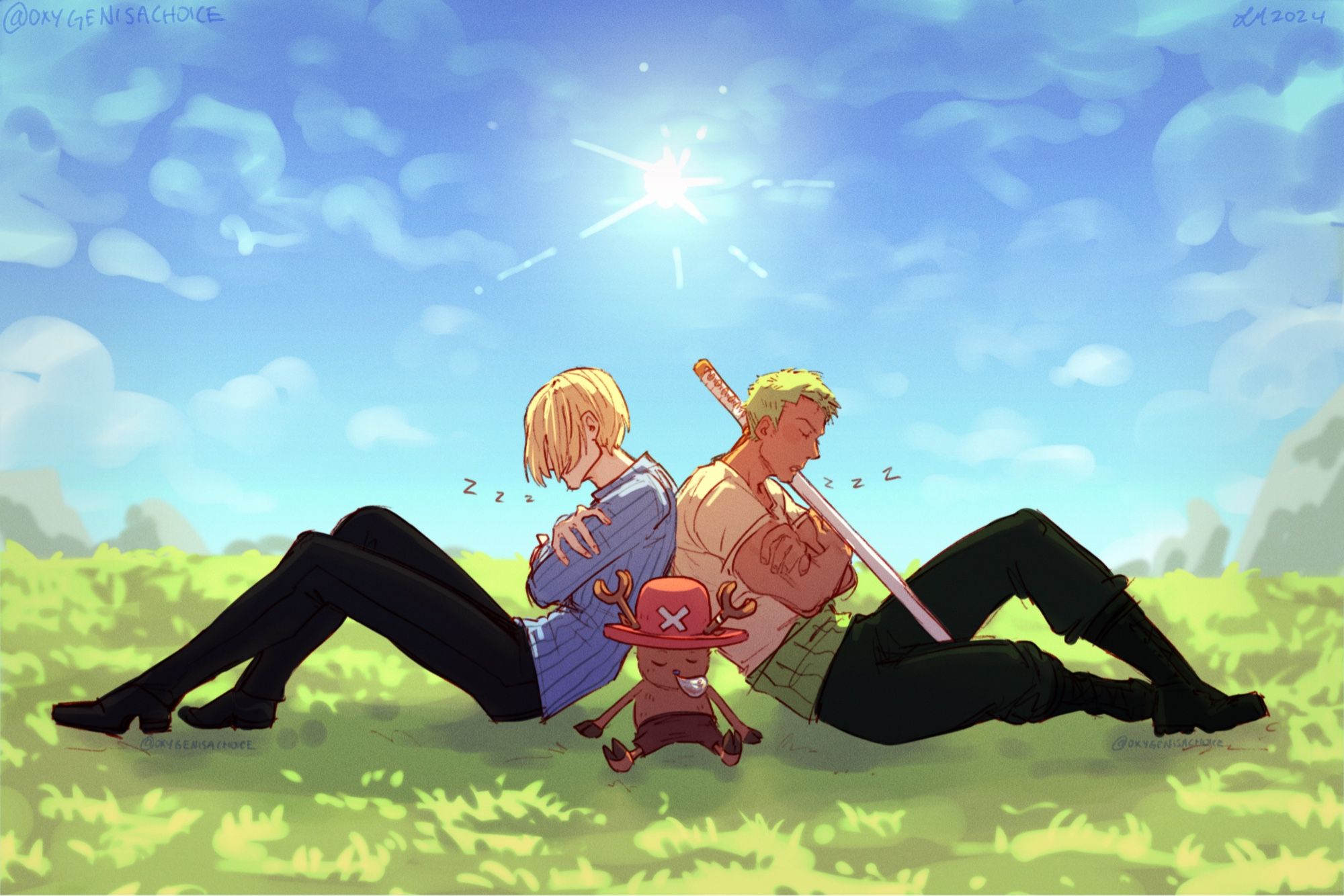 digital drawing of Zoro, chopper, and Sanji all napping in the sun. Zoro and Sanji are leaning up against each other, back to back, and chopper is in between them