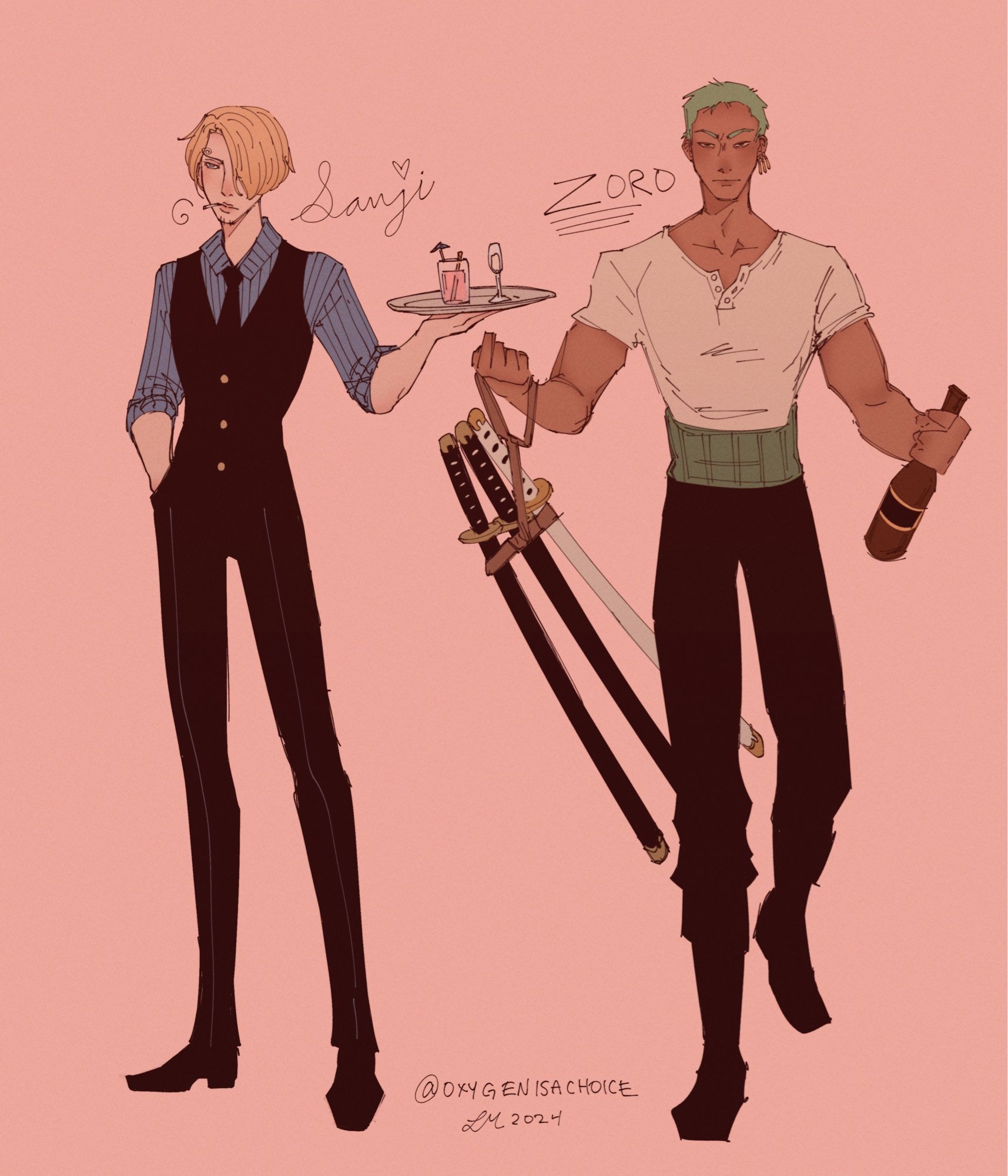 Two full body drawings of Zoro and Sanji from one piece (pre timeskip).  Sanji has a platter of drinks in his hand, and Zoro is carrying his swords and a bottle