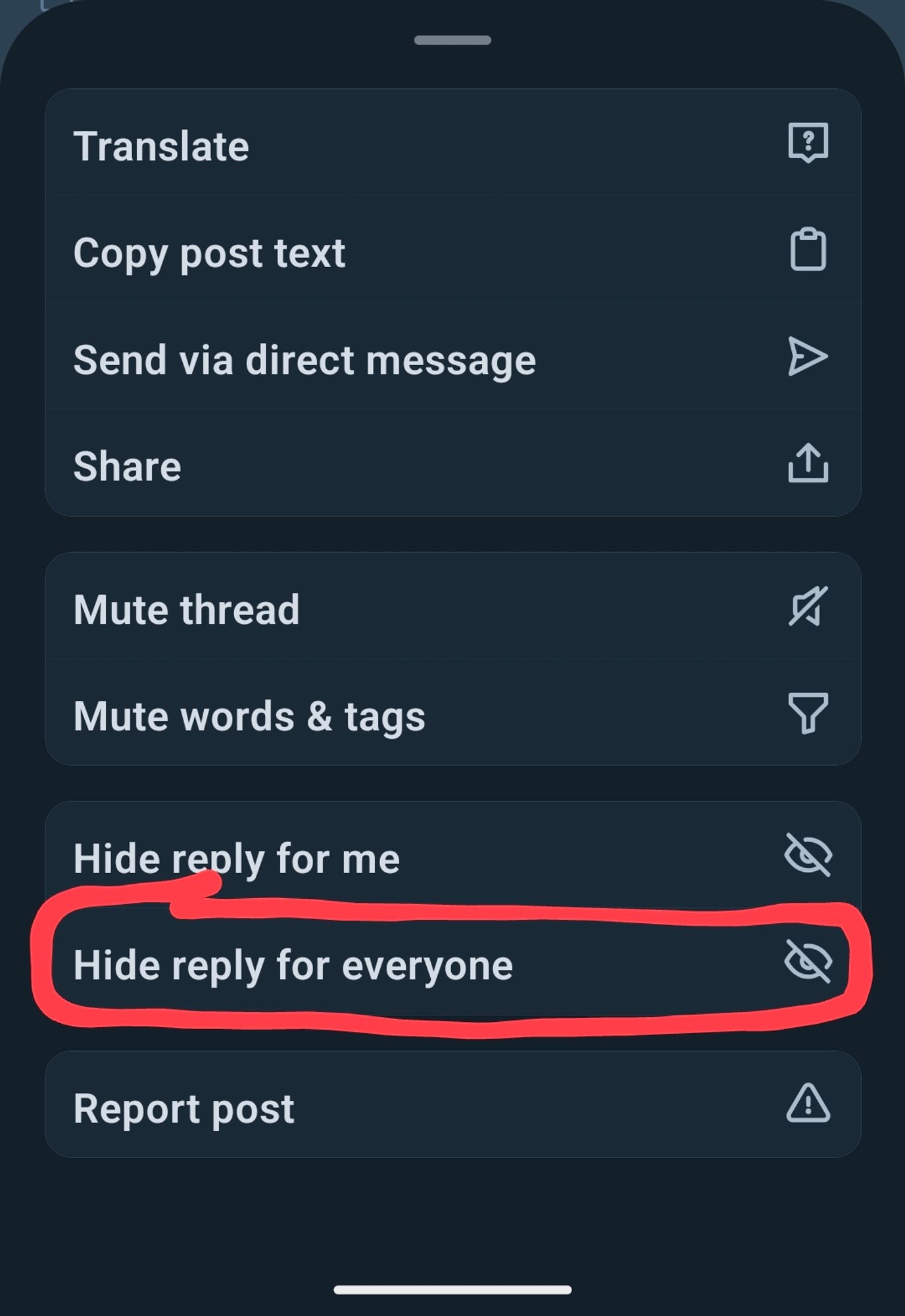 Thread options menu with "Hide reply for everyone" circled