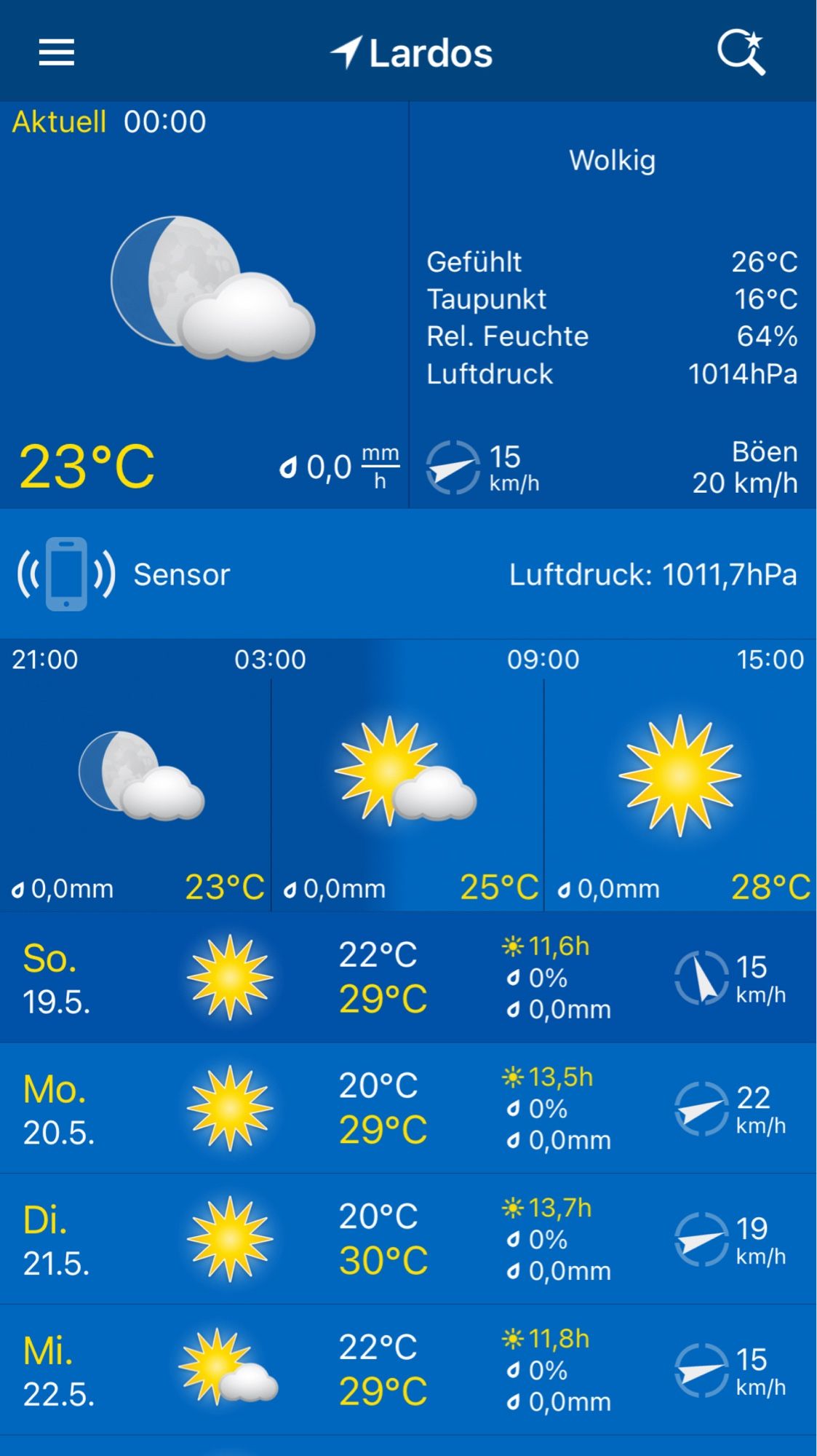 Wetterbericht mit Temperaturen zwischen 22 und 30 Grad auf Lardos, Rhodos.