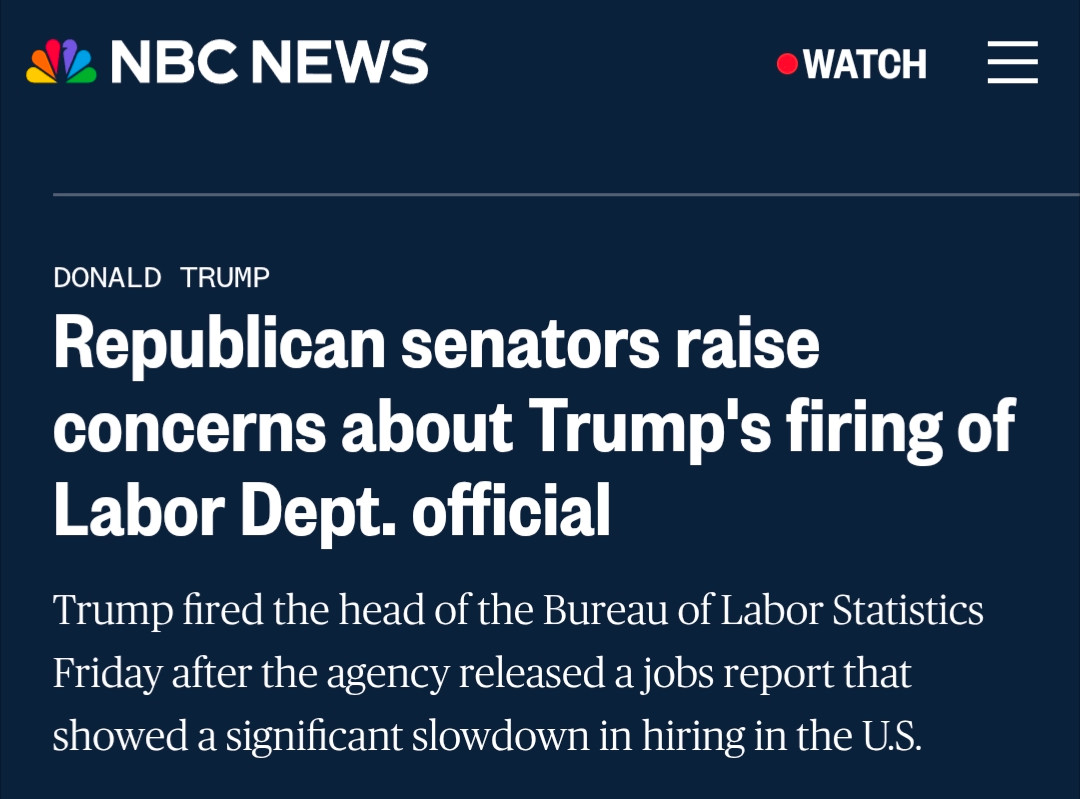 Republican senators raise concerns about Trump's firing of Labor Dept. official
Trump fired the head of the Bureau of Labor Statistics Friday after the agency released a jobs report that showed a significant slowdown in hiring in the U.S.
