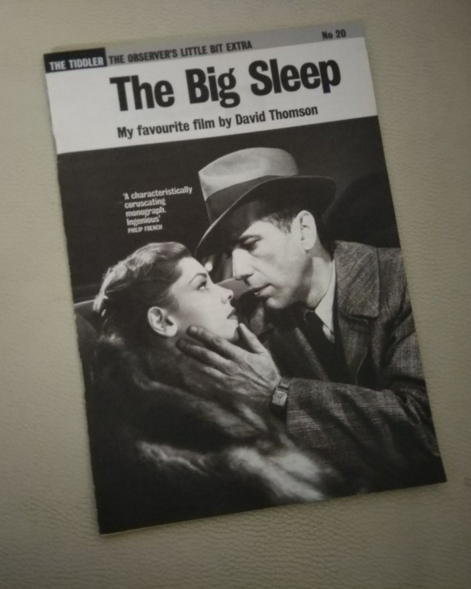 The cover of a pamphlet published by The Observer and written by film critic David Thomson. The subject is the film The Big Sleep directed by Howard  Hawks 

The image shows Bogart and Bacall in a tender embrace.