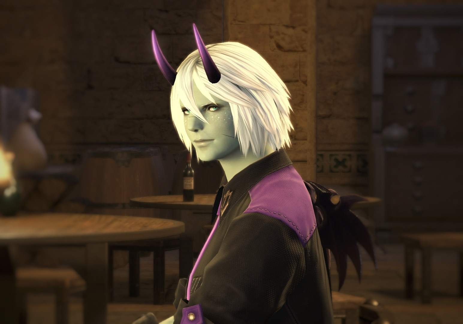 Roegadyn woman with short white hair wearing a black and purple shirt with black and purple horns. 