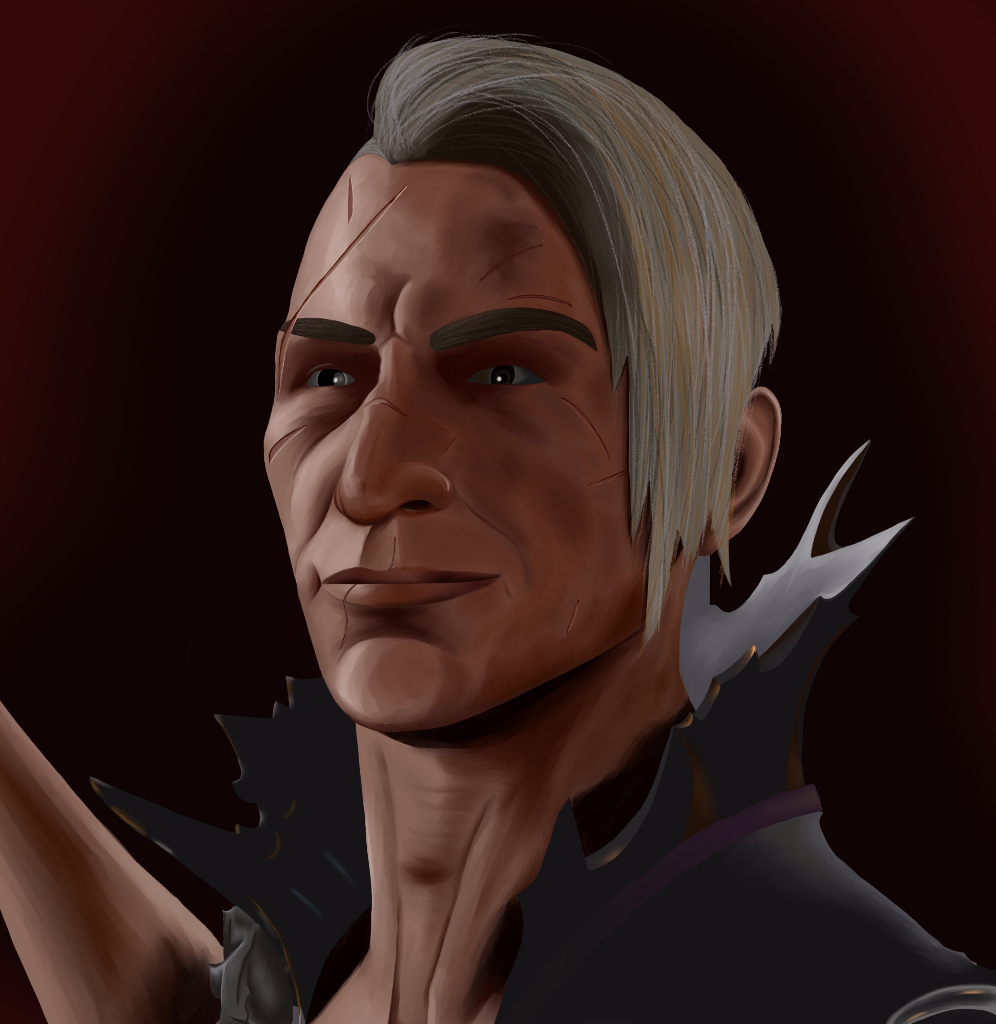 Digital painting of Abdirak from Baldur's Gate 3, a white human man with white hair and many scars (and a glorious nose) 