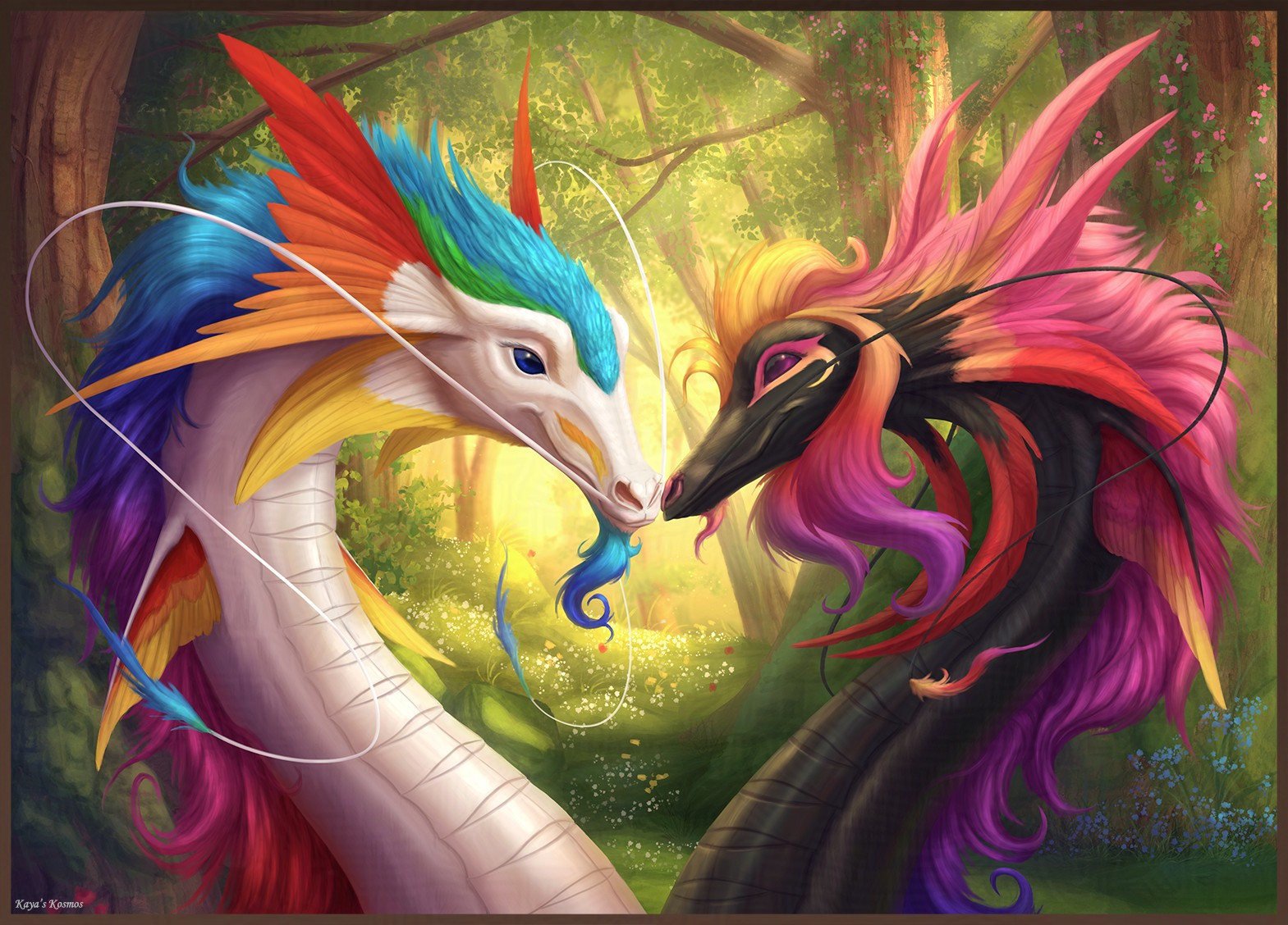 A drawing of two serpentine dragons affectionately touching noses. One is white with rainbow feathers and fur (Horatio), the other black with rainbow feathers and fur (Elijah). They are in a forest.