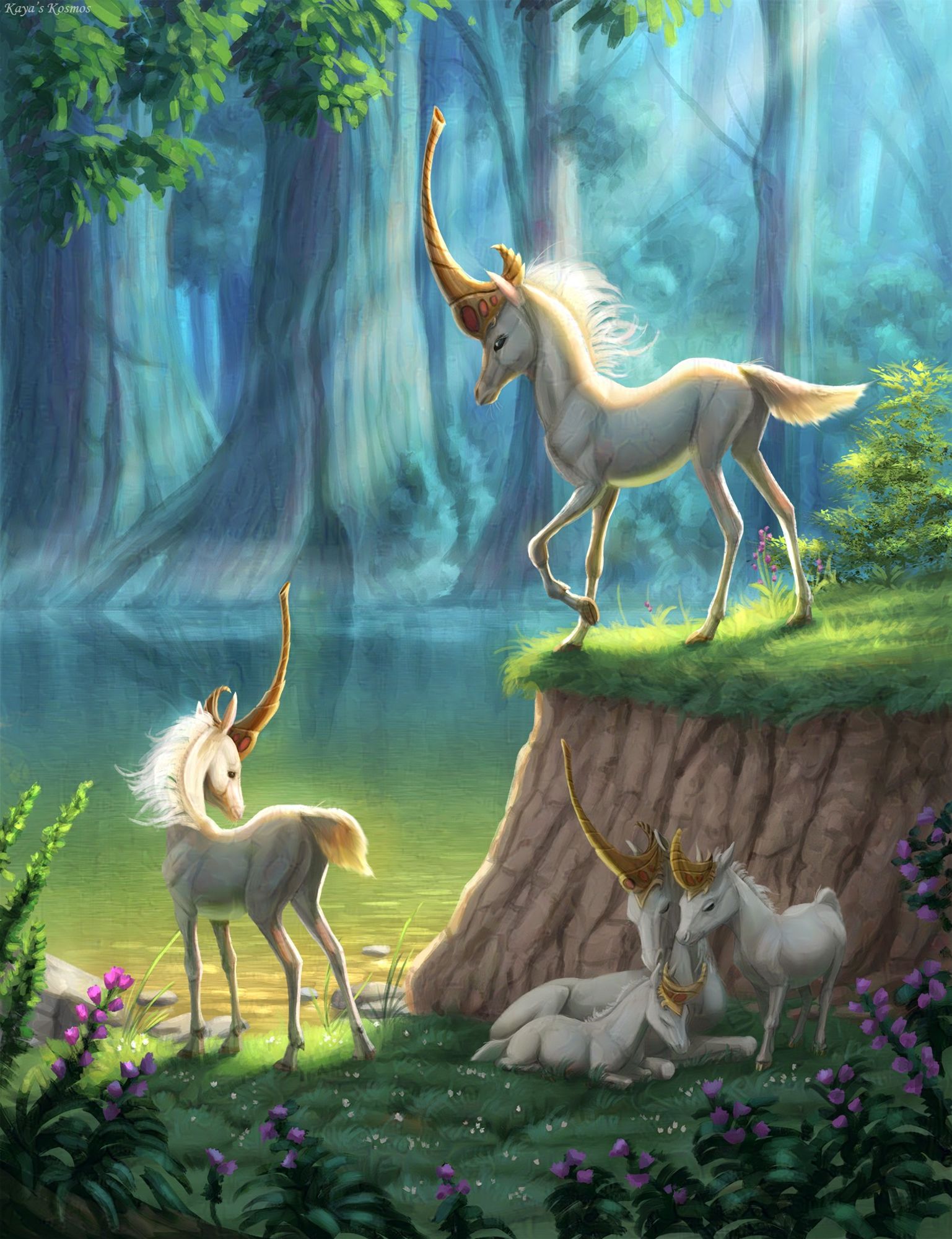 A drawing of some creatures known as whistling unicorns. The image takes place in a forest clearing by a lakeside. On the top right, there is one unicorn on a small mound overlooking the lake. On the left is another unicorn by the lakeside looking into the water and a mother unicorn with two foals in the shade of the grassy rise to the right. Around the border of the image are pink flowers.