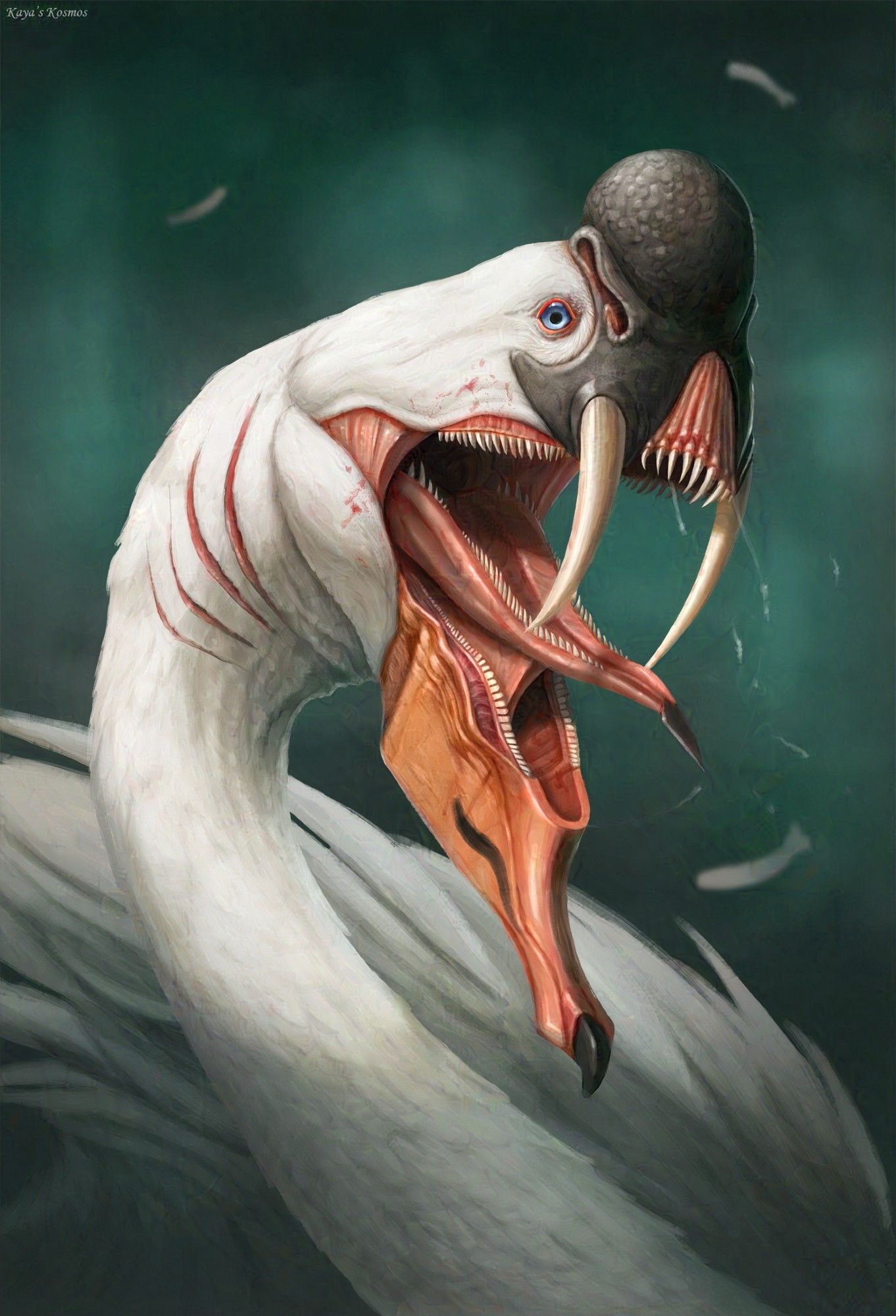 A drawing of a Sabre-Toothed Swan. This is a monster that strongly resembles a swan except the beak section makes up the entire lower jaw of the creature and the mouth is filled with rows of sharp teeth, including two giant fangs at the front of the mouth. Even the tongue has teeth on it.