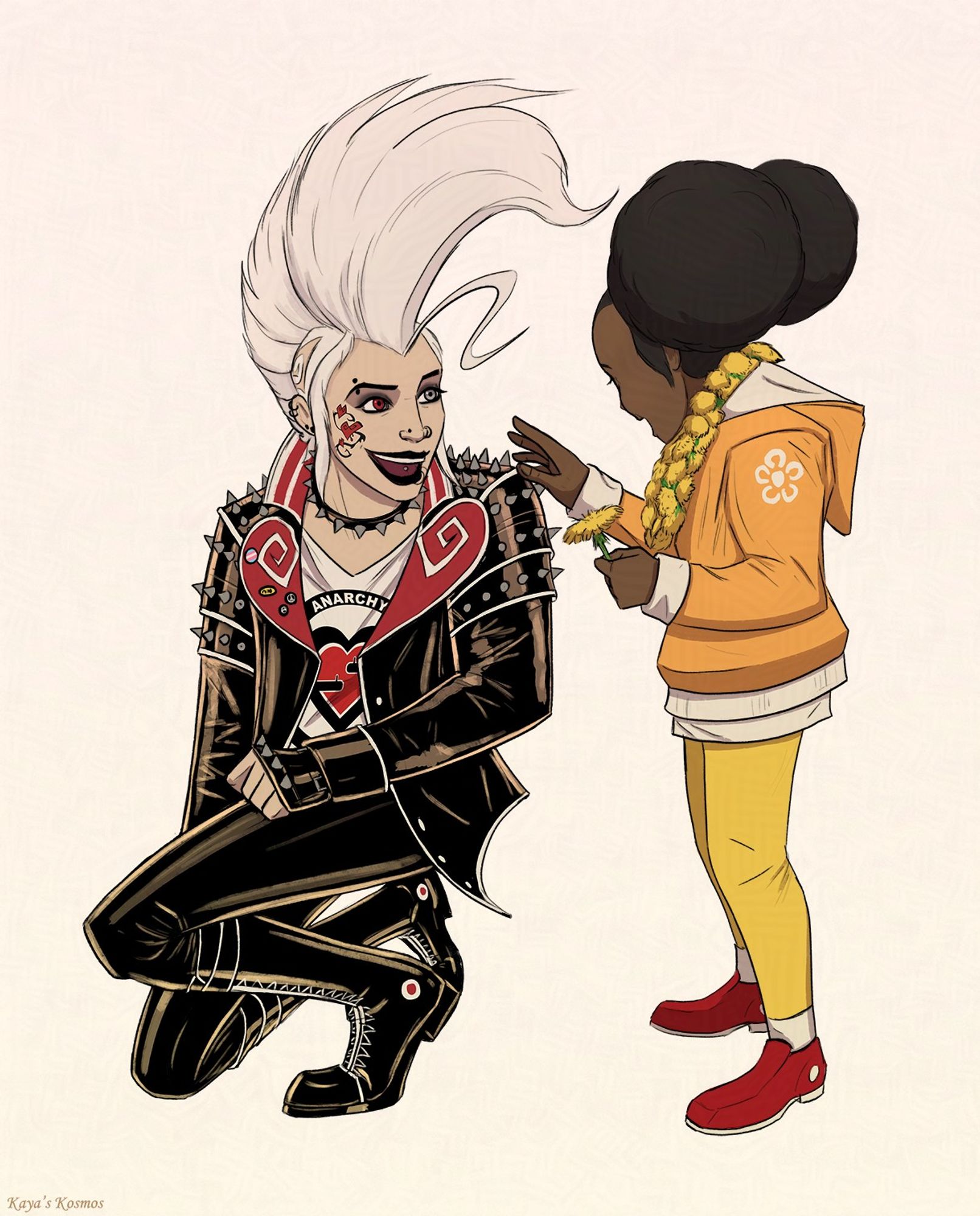 A drawing of a punk called Ludwig crouching down and smiling at a young girl (Molly) who is touching the spikes on his leather jacket. Molly is wearing a chain of dandelion flowers.