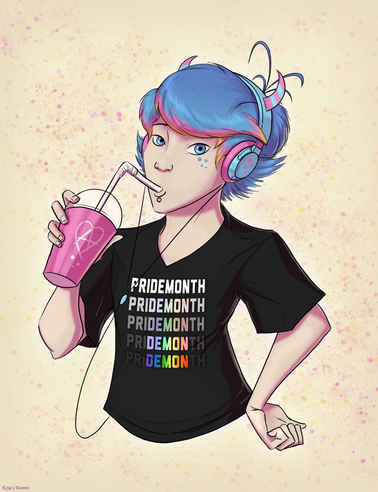 Kimi wearing a top with the “PriDEMONth” design made by “Art by Veya.” He is drinking a slushy with an anarchist logo drawn on the cup.