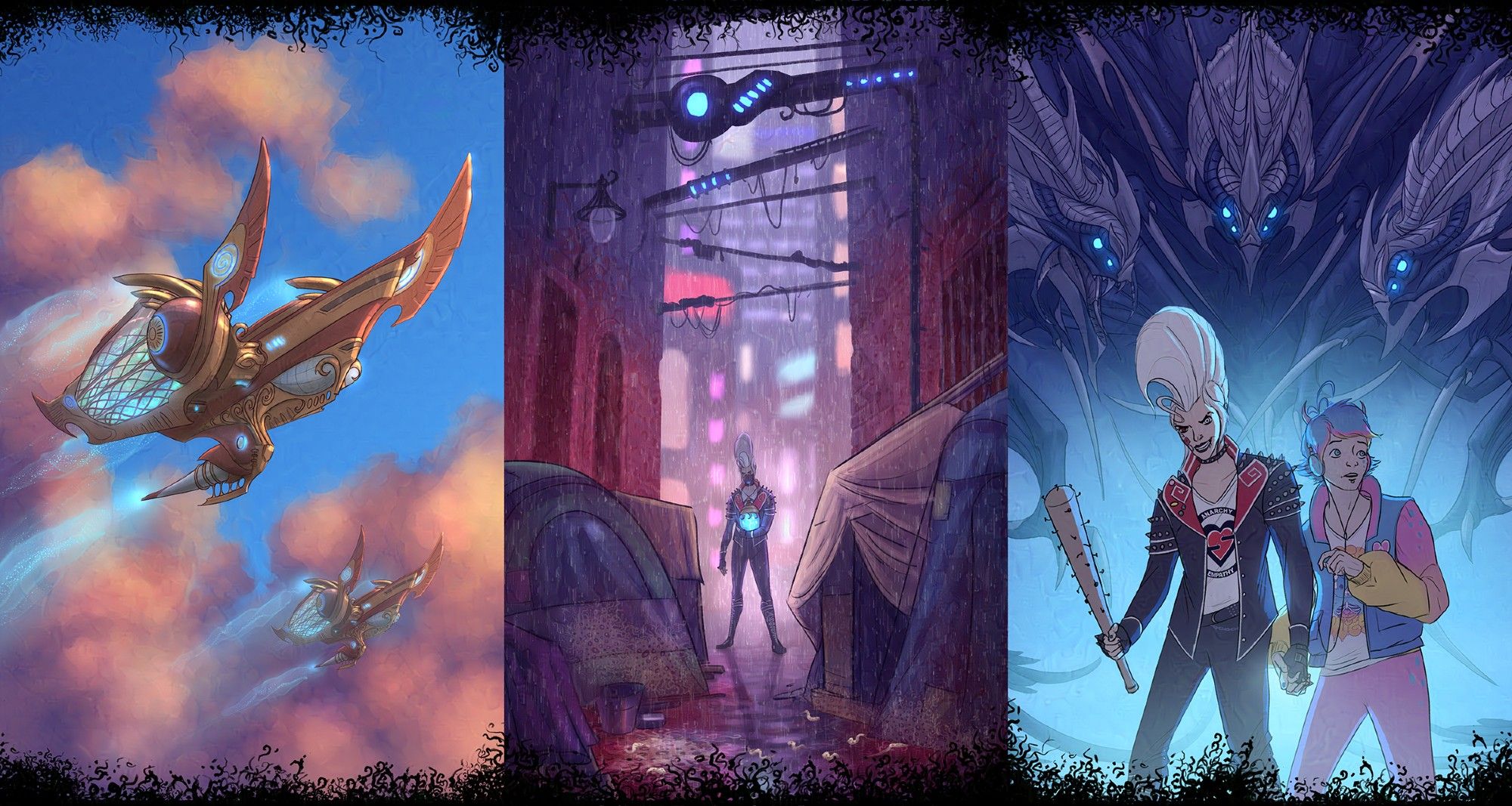 Three panels. Left image – Giant airships passing through the clouds. Middle image – a punk (Ludwig) stands at the entrance to an alleyway holding some kind of small machine. In the alleyway itself, there are tents lining the walls, crossframes overhead and on the floor there are several large maggots, (these used to be people). Right image – A punk (Ludwig) and another boy (Kimi) holding hands in the centre of the image. Ludwig looks ready to fight with his bat whereas Kimi looks nervously up at the three nocturnaphrax surrounding them.