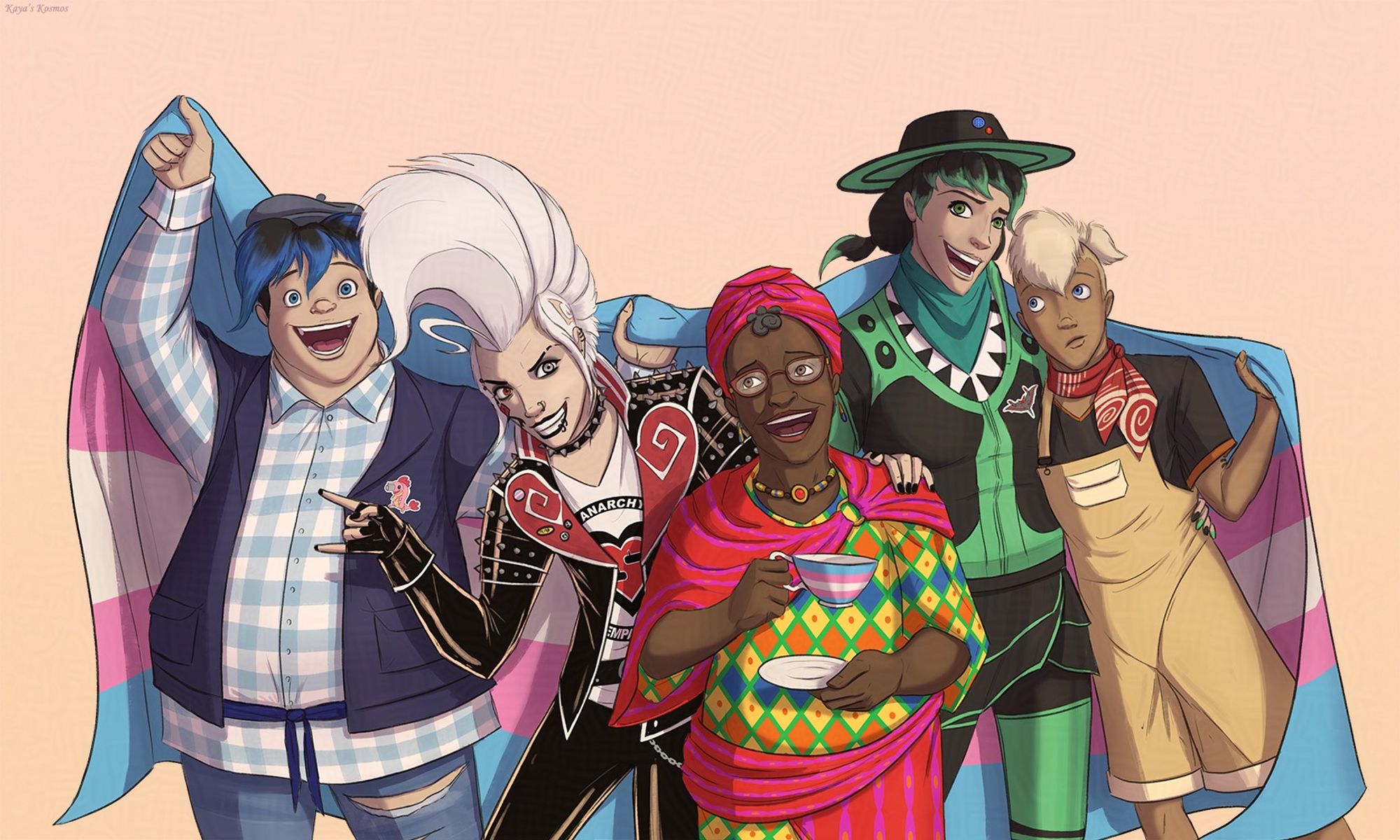 Five trans characters from the Flowerpunk webcomic standing in front of a big trans flag. From left to right, Noel, Ludwig, Maggie, Ashley and Chris.