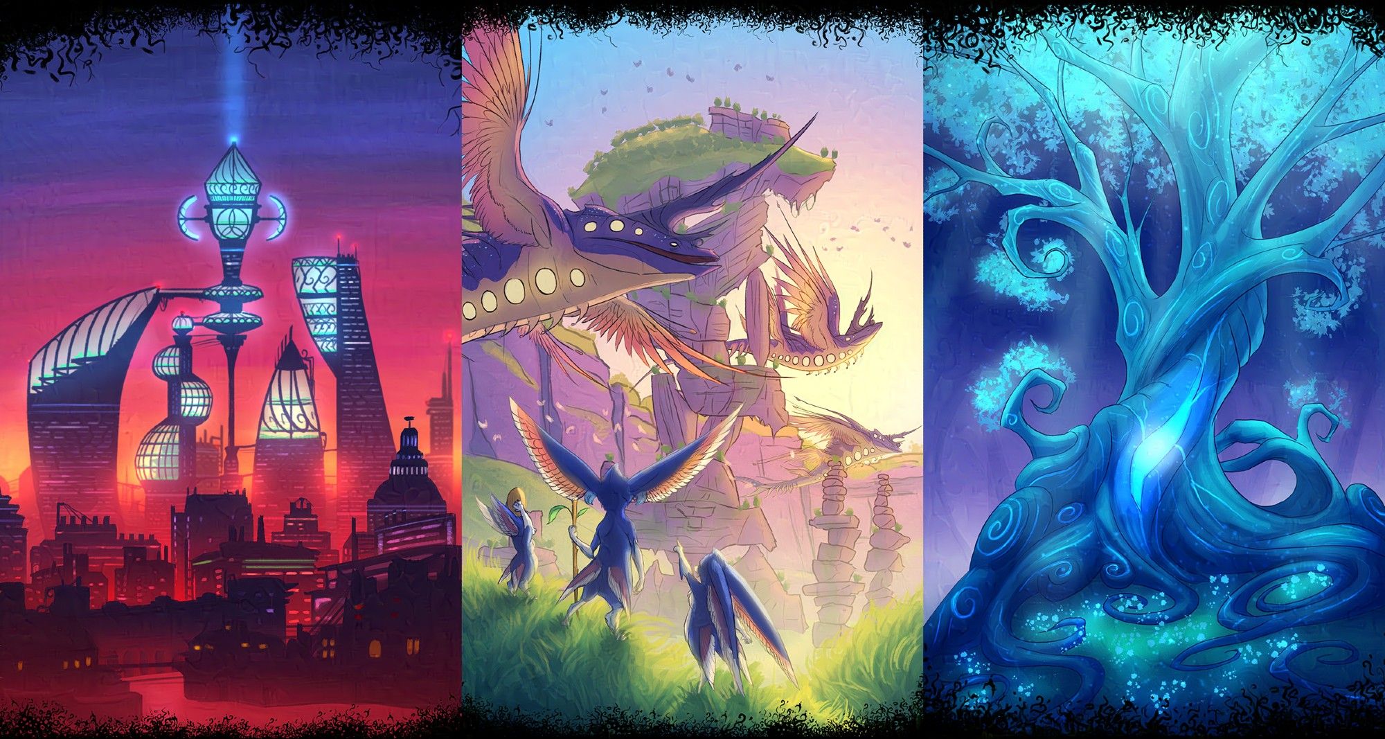 Three panels – Left image, a night-time cityscape with an assortment of unusual towers reaching into the sky. Middle image – Flying, feathered whale-dragons flying through a limestone valley. They pass a colossal stone structure in the middle. In the foreground are small creatures with wings on their heads pointing up at the whale dragons. Right image – A glowing, blue magical tree.