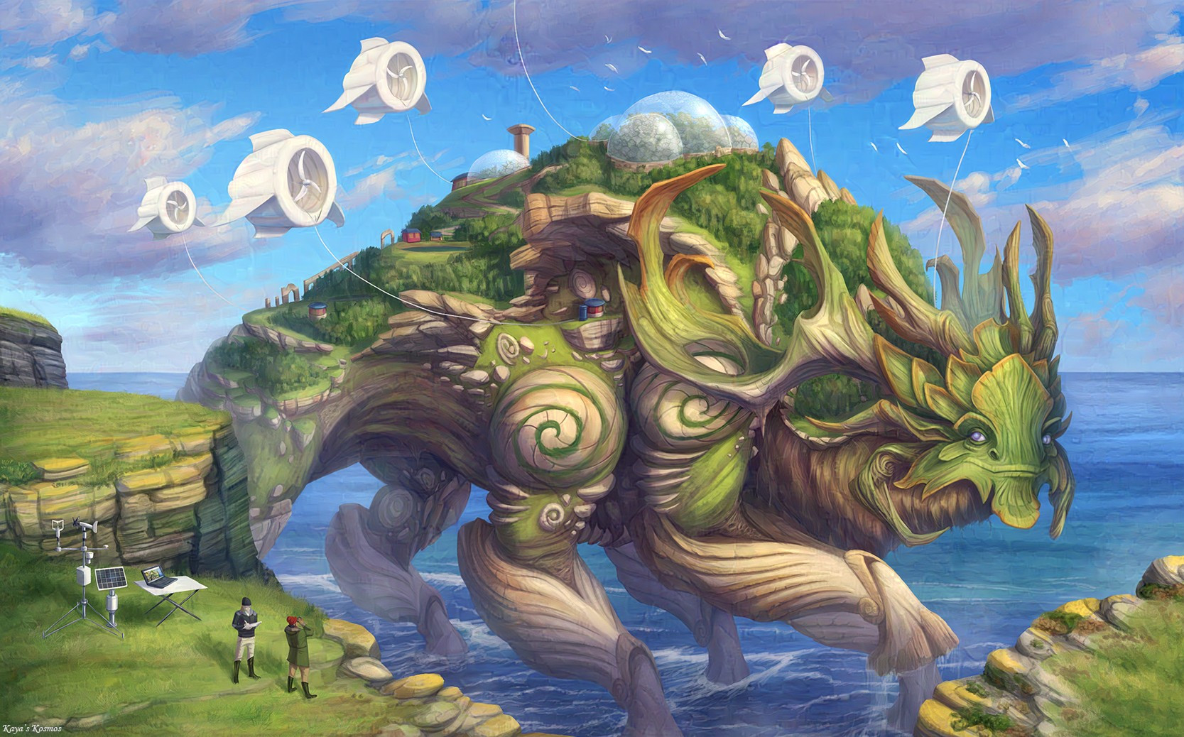 A drawing of an earth colossus crossing the Scottish coast. The colossus has six legs and somewhat resembles a massive bull-like ungulate. It is made from earthy materials and has forests and plains growing on its back. There is a strong fossil motif running throughout its design, including its lower legs which resemble giant shells. The creature also has huge, stony antlers protruding from its head, though its face is a cross between bull and human. It also has several manmade structures on its back, including giant glass domes with trees inside, some modern wooden and stone huts and the ruins of an abbey on the back end. It is also has several airborne wind turbines tethered to it. In the foreground of the image are two climate scientists on the clifftop observing the creature. They have set up some equipment for measuring meteorological conditions.