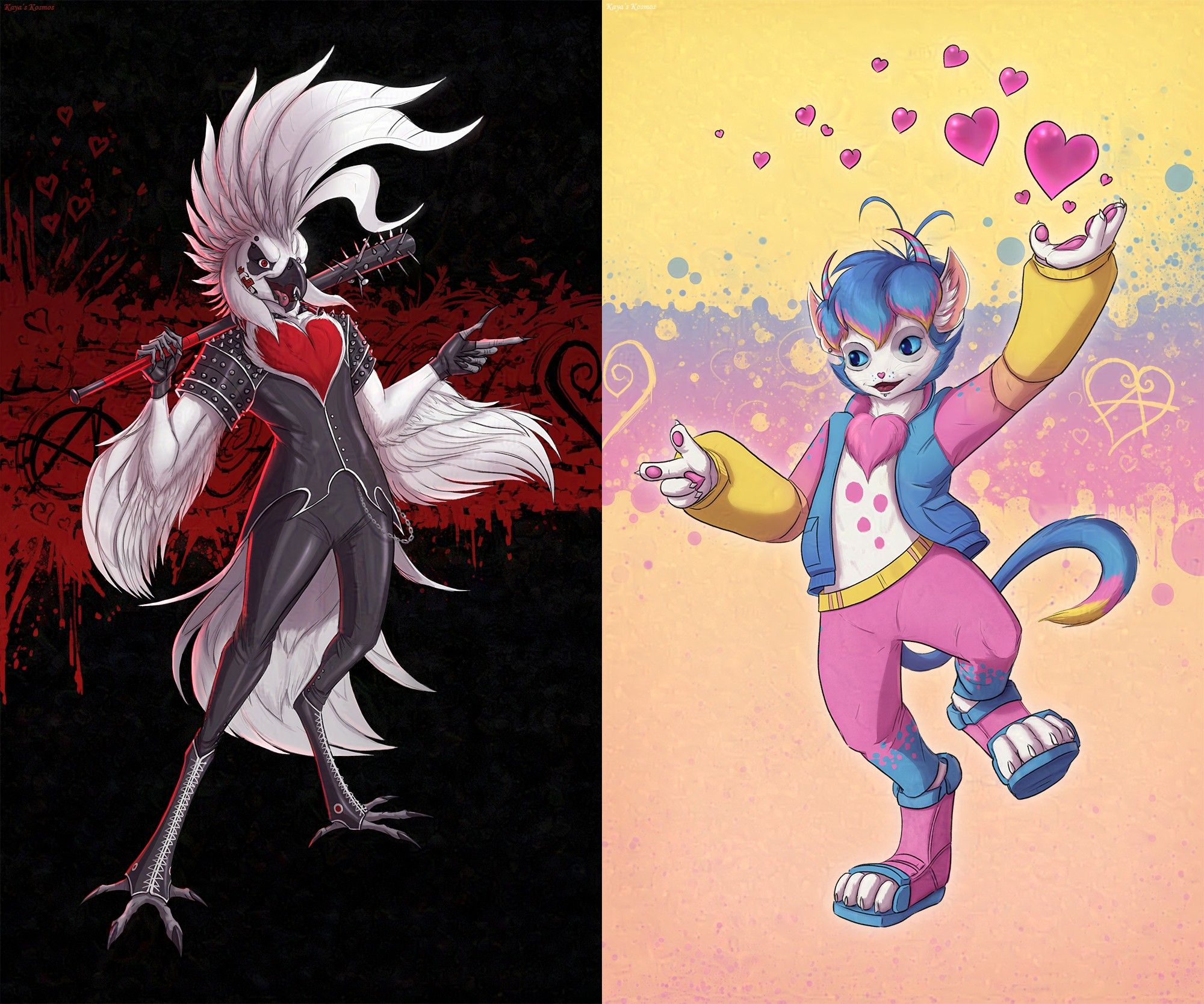 Left image - A drawing of an anthropomorphic cockatoo which has a punk-like appearance. This is the fursona of the Flowerpunk character, Ludwig Striker.

Right image - A drawing of an anthropomorphic cat which has a candycore aesthetic. This is the fursona of the Flowerpunk character, Kimi Hopper.