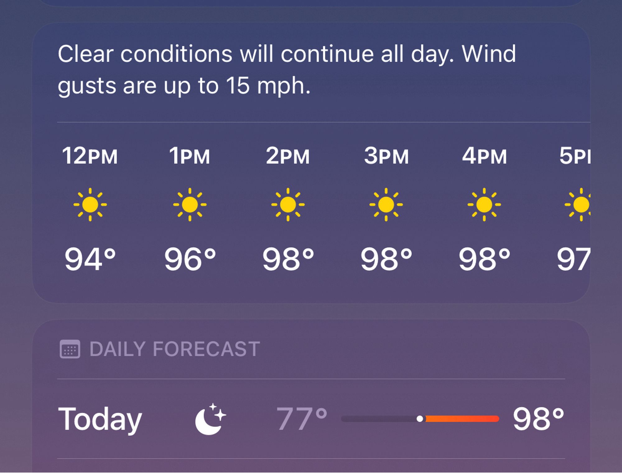 A screenshot of today's forecast in Chicago predicting a high temperature of 98°.