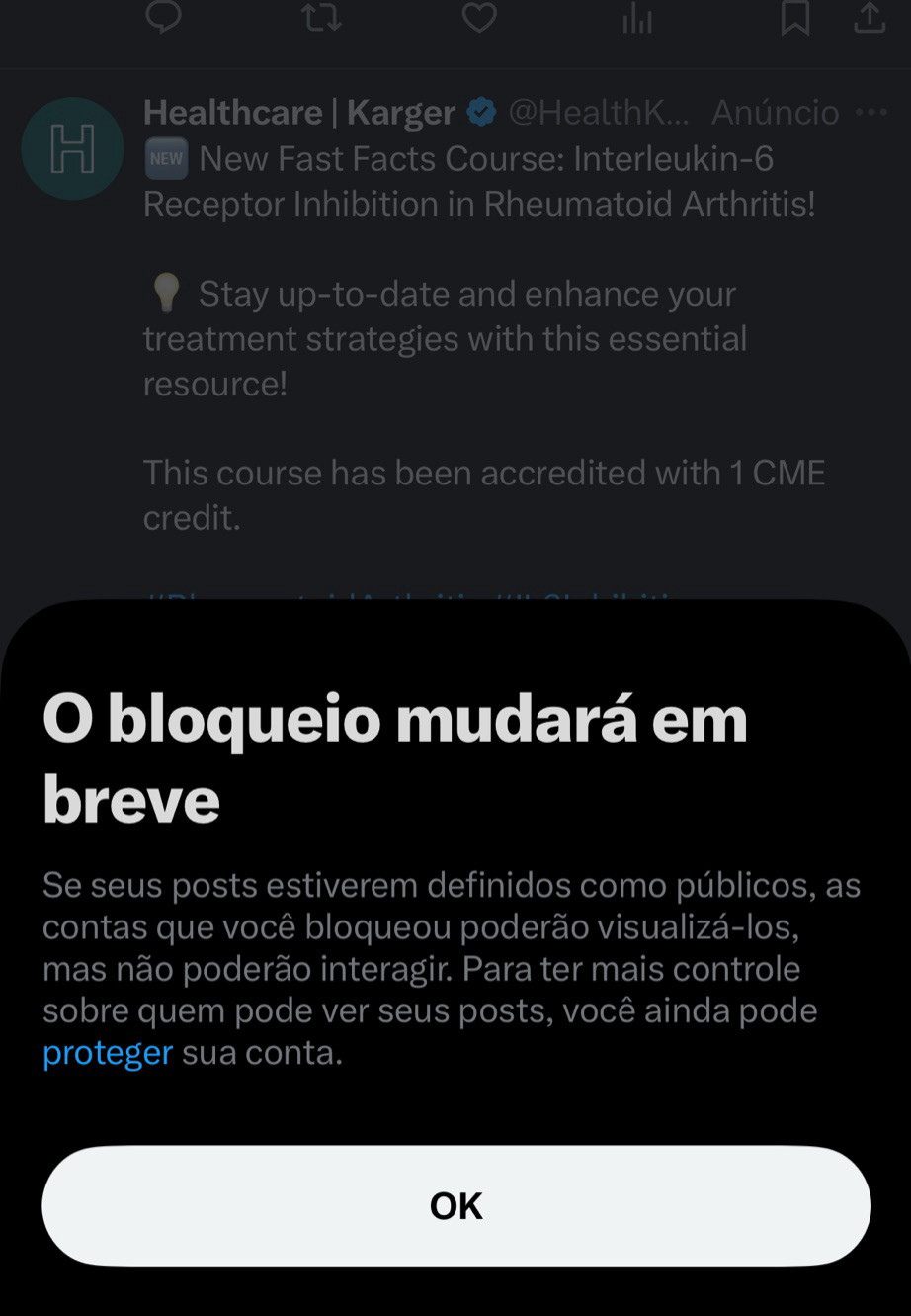 Print do Twitter com a mensagem de notificação: 
O bloqueio mudará em breve
Se seus posts estiverem definidos como públicos, as contas que você bloqueou poderão visualizá-los, mas não poderão interagir. Para ter mais controle sobre quem pode ver seus posts, você ainda pode proteger sua conta.