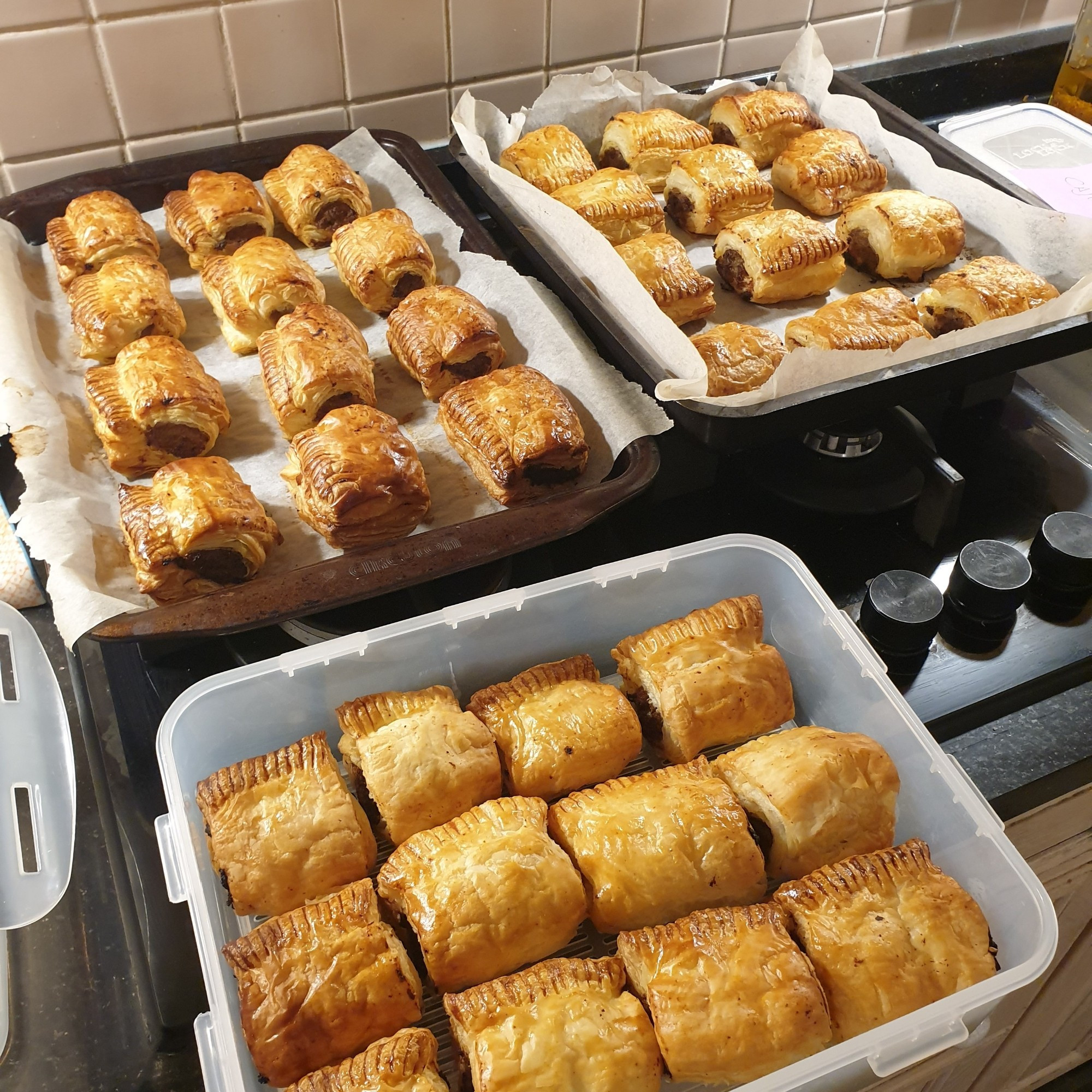 Sausage rolls. Zatar and Sage in the box and mild curry and cajun still cooling down.