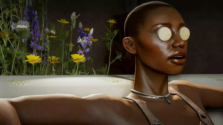 Vivienne from Dragon Age Inquisition relaxing at a spa with cucumber slices on her eyes