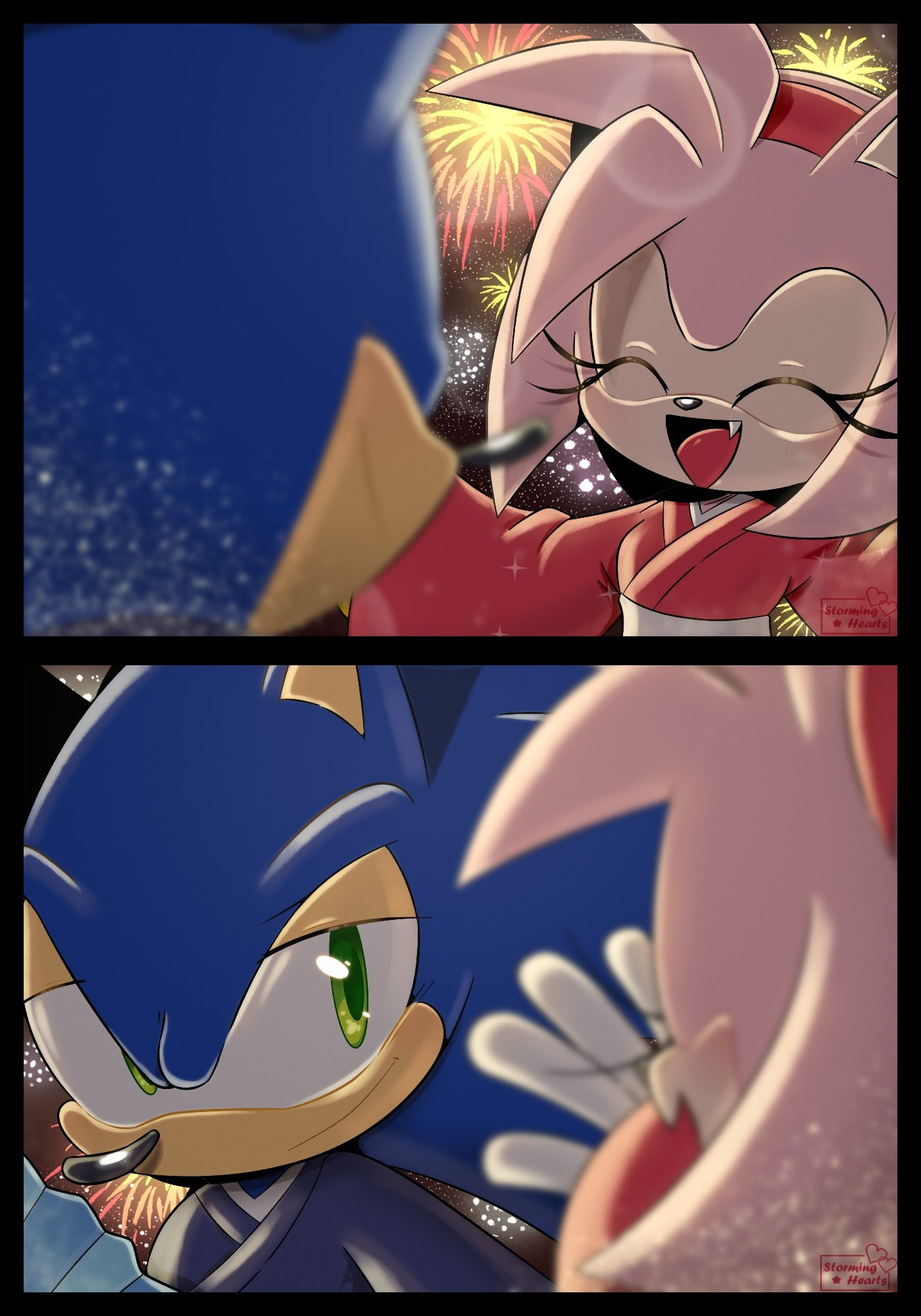 A small illustration based on Sonic Channel's "Imagine Sonic — travel to Asia." Here, Sonic and Amy are in kimonos, watching fireworks together. Amy is smiling and enjoying the view, and Sonic Bently smiles at her. Happy to see her excited.