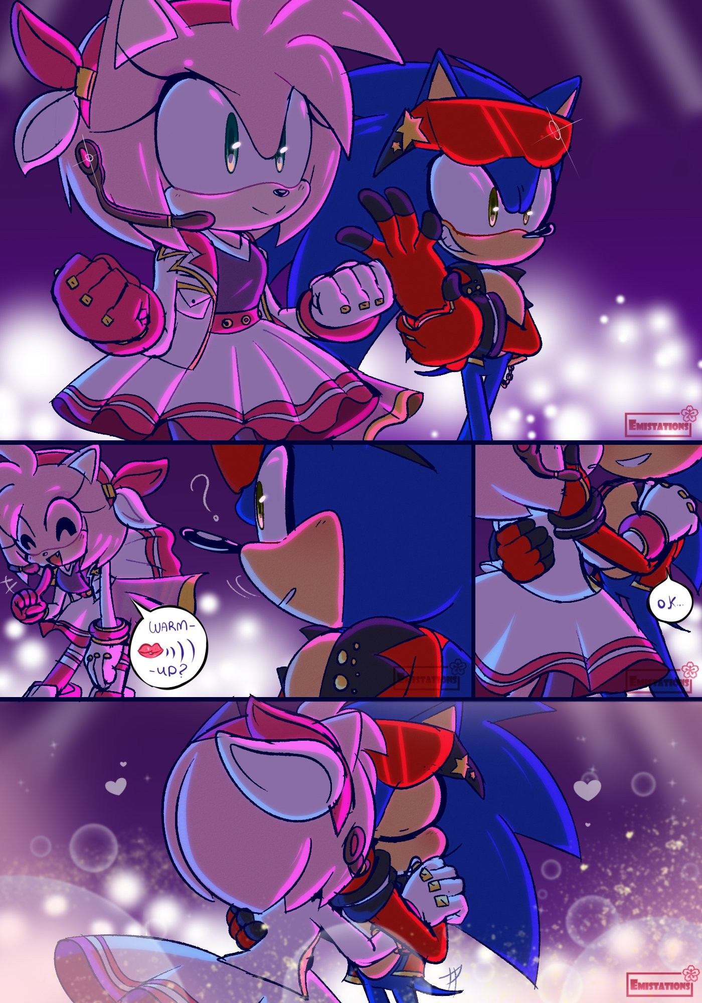 A comic about Sonic and Amy in Rockstar outfits. They are ready to preform, when Amy asks Sonic for a "vocal cord warmup". He understands what she's actually suggesting, and pulls her in for a kiss.