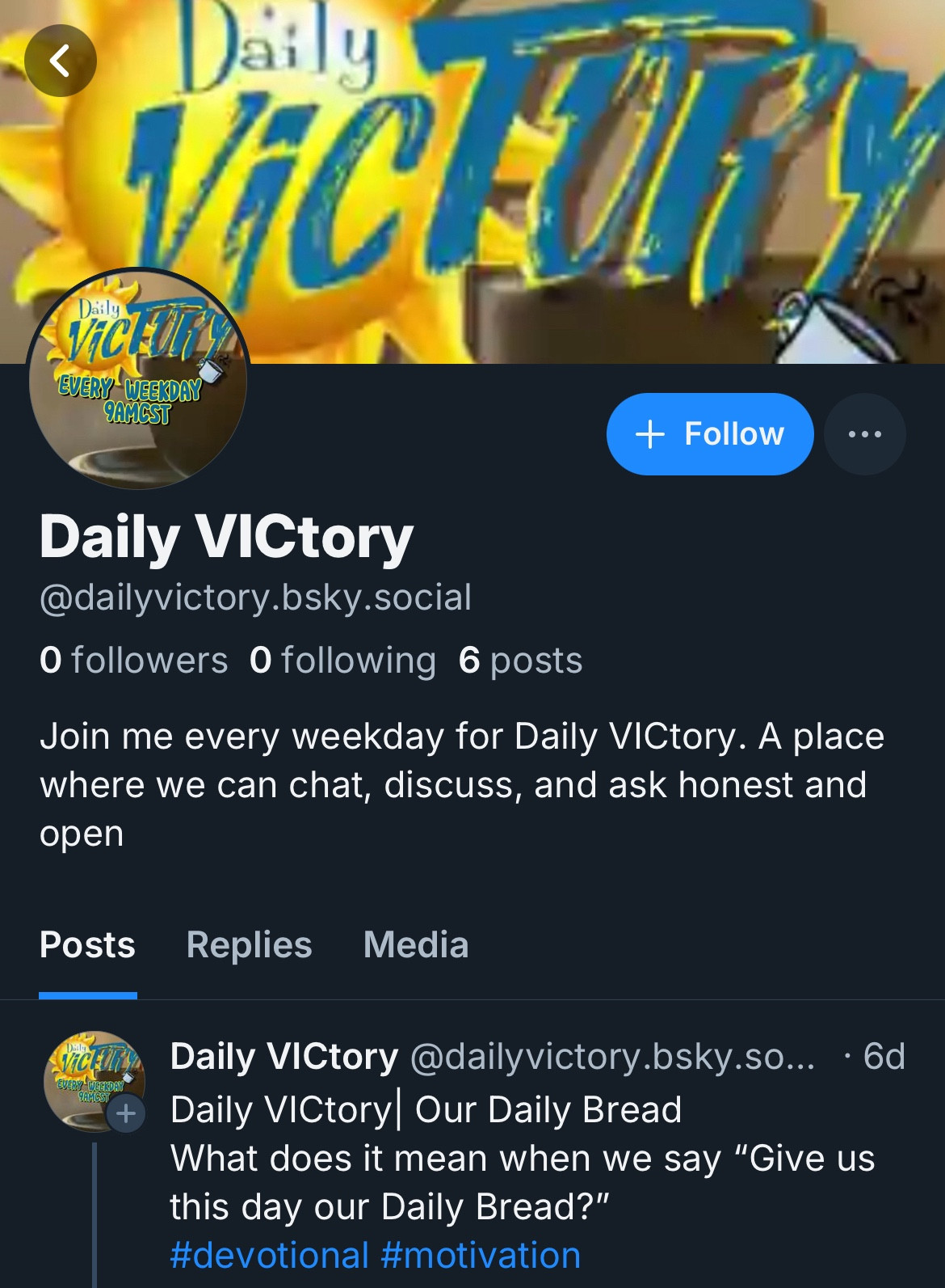 Screenshot of a Bluesky account called “Daily VICtory” at dailyvictory.bsky.social which is posting religious videos.