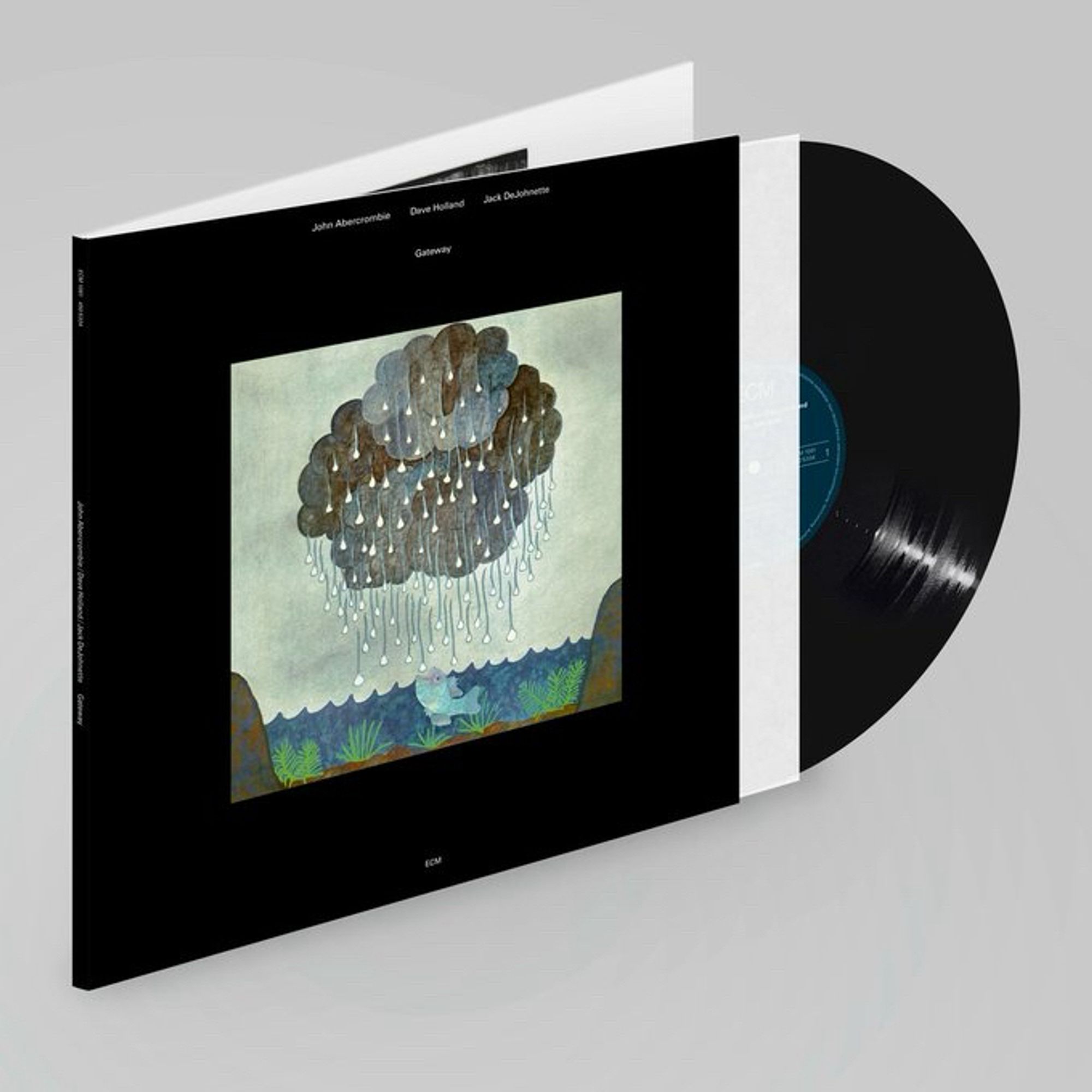 A color photo of the “Gateway” album features a painting of brownish clouds evacuating rain down over a river and vegetation and a blue fish with its mouth open and an excited expression.