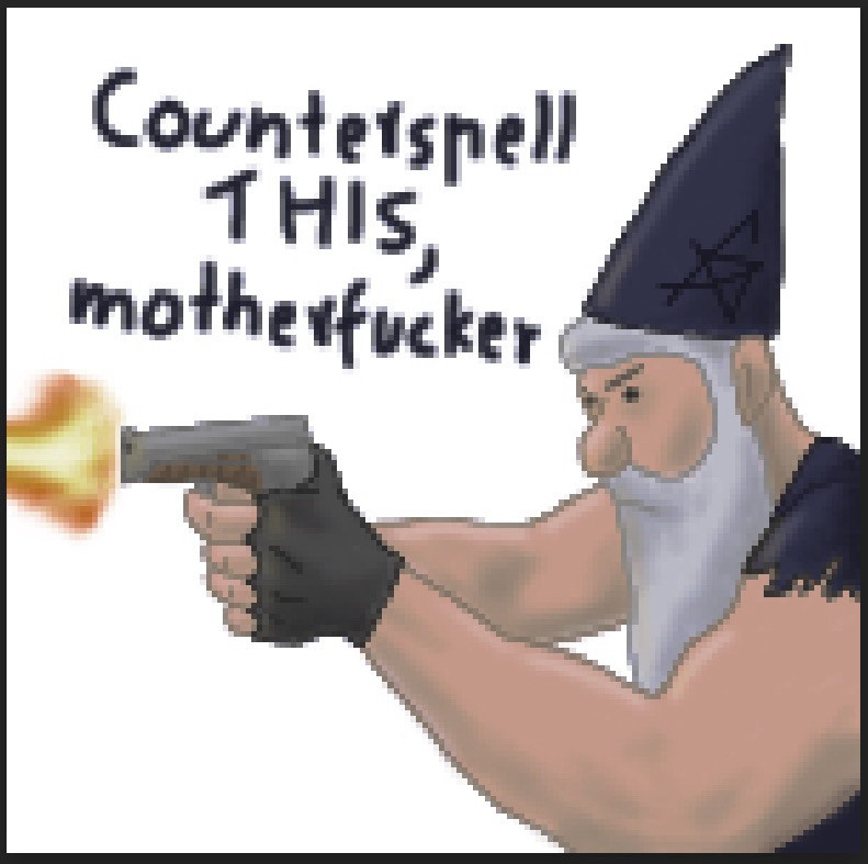 Pixel art depicting a bearded wizard with a conical hat, torn-off sleeves, and fingerless gloves. He is holding a modern handgun pointed out of frame with a bright muzzle flash. Written above him are the words “Counterspell THIS, motherfucker”