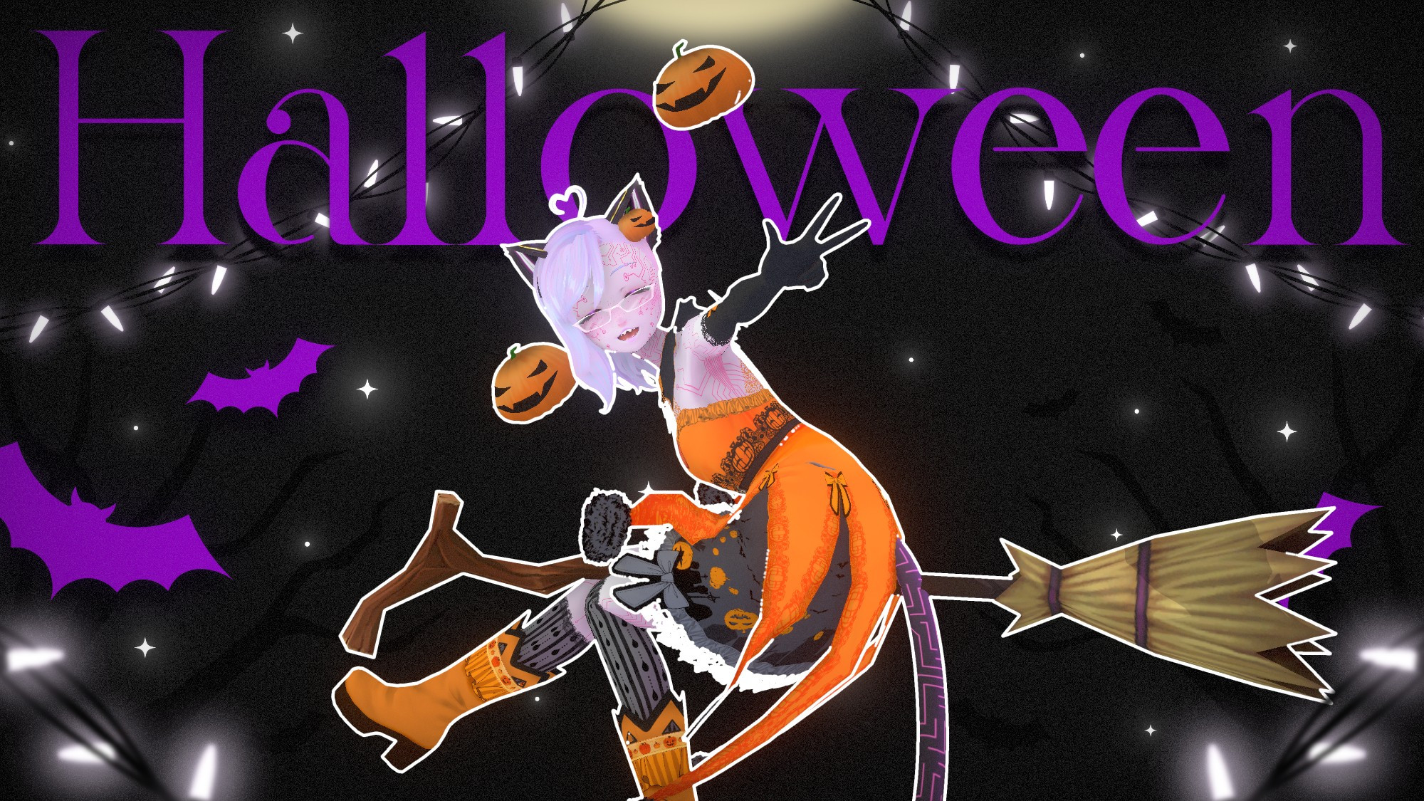 Chika in a pumpkin witch costume flying on a broom with a black spooky background with dead trees, white lights and purple bats with purple text that says "Halloween".