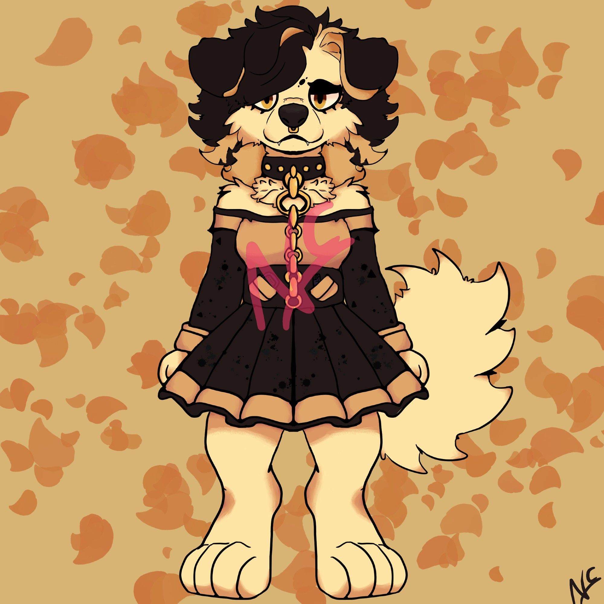 A yellow black and brown puppy fursona with a nose piercing and a yellow and black dress, she has a collar with a golden chain linked to it