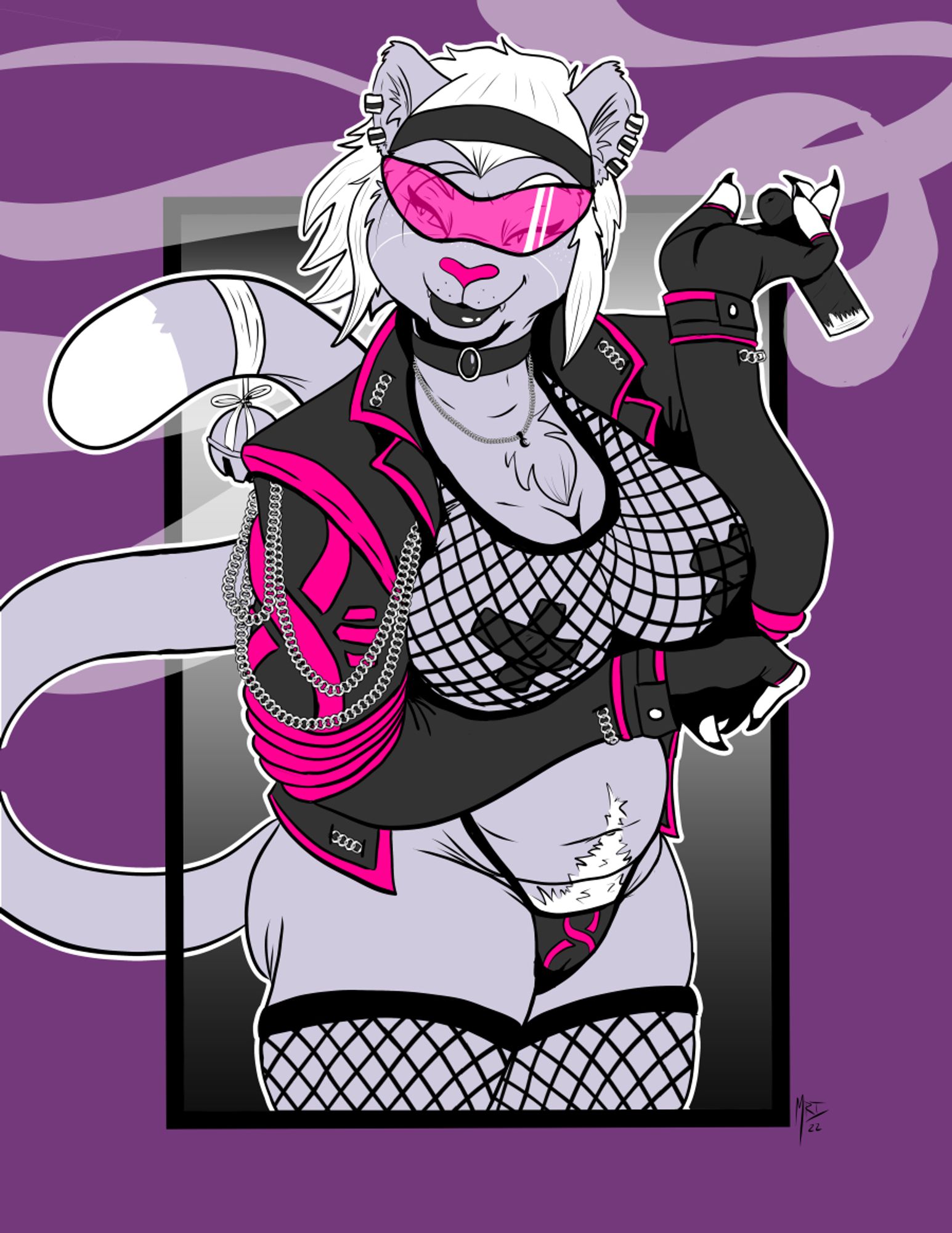 A cougar MILF wearing the Korps "Uniform" which consists of: A black leather jacket emblazoned with the helix, edged in magenta, and adorned with chains. Underneath that is a fishnet crop top, and stockings, with a little black tape for modesty, her visor, a thong and very little else while enjoying a relaxing cigar. She looks like shes challenging you to come and say hello darling~!