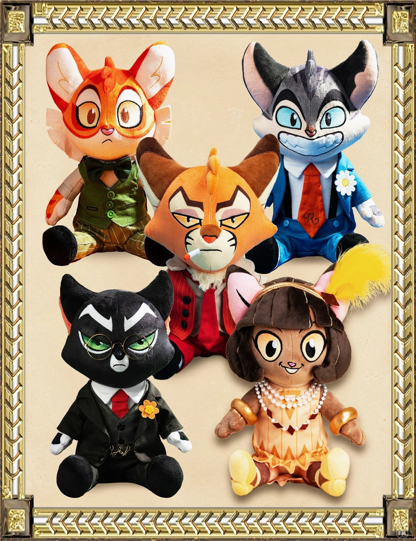 High-detail Mordecai, Freckle, Ivy, and Rocky plushes, characters from the Lackadaisy animated series. They're cats in suits and formal dress.