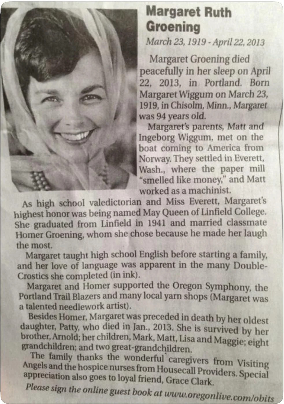 The obituary for Margaret Groening, mother of the creator of "The Simpsons," Matt Groening. The details make it clear many Simpsons characters were named after family. 