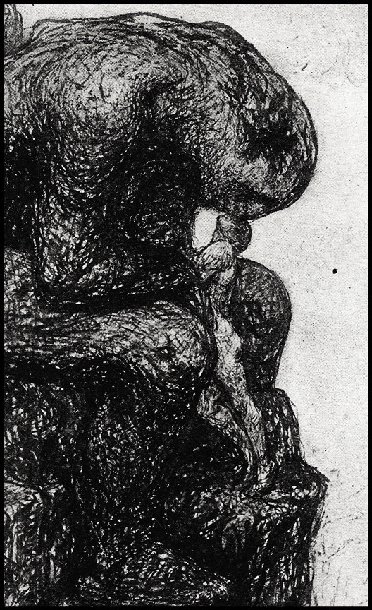 A Rose O'Neill pen and ink drawing, featuring a giant female humanoid nuzzling a tiny male humanoid. It is titled "Besieging the lips of the Earth."