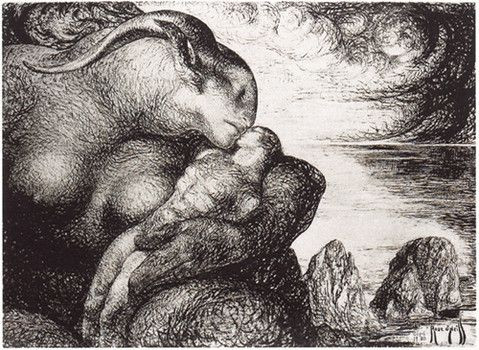 A Rose O'Neill pen and ink drawing, featuring a giant female satyr embracing a small human male. She appears to be nuzzling him.
