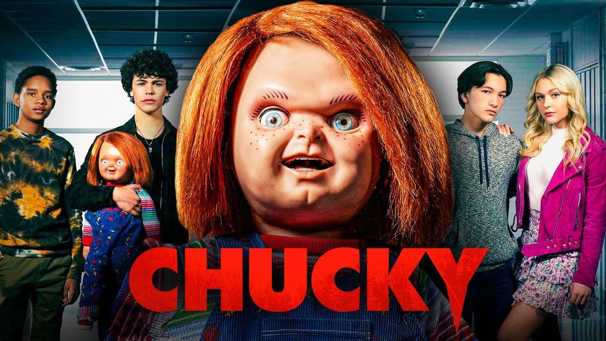 Promotional shot for Chucky (the series) showing the four teenage characters in the core cast, one of them holding a Chucky doll, with Chucky himself in the foreground looking gleefully maniacal